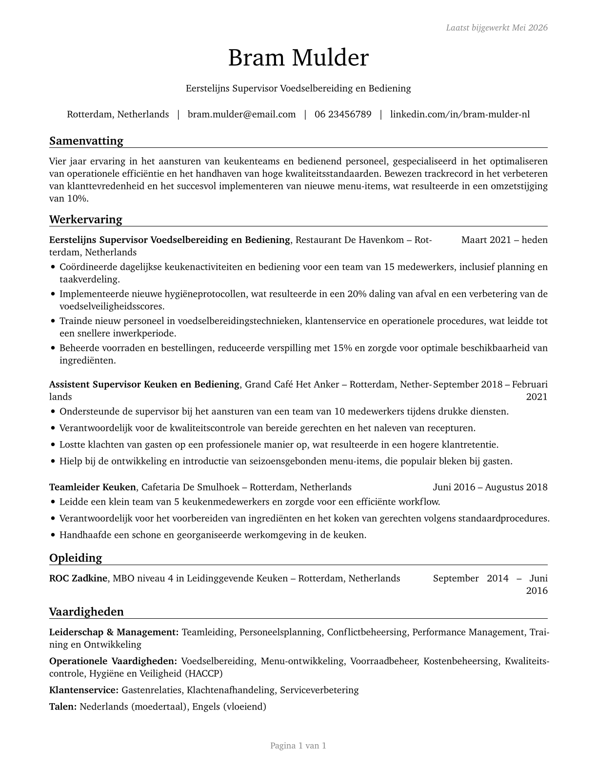 First-Line Supervisors of Food Preparation and Serving Workers CV in Dutch — page 1