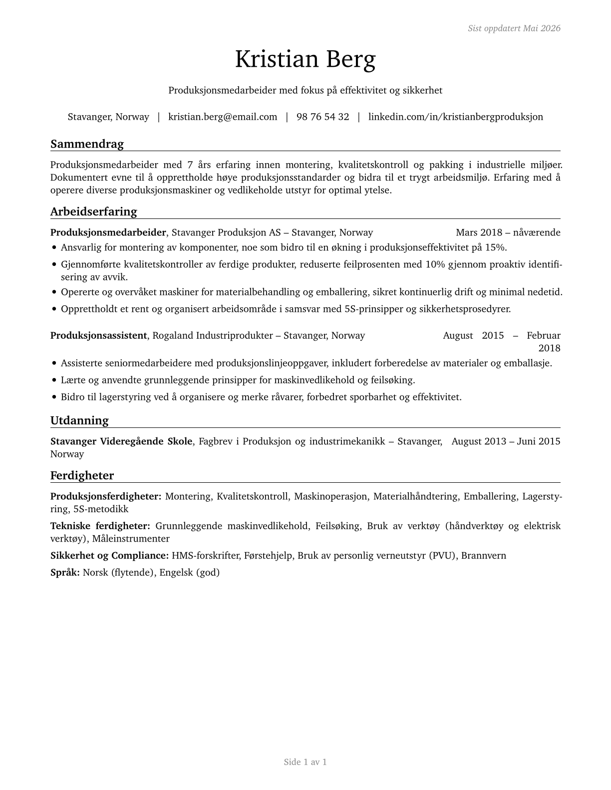 Helpers--Production Workers CV in Norwegian_bokmal — page 1