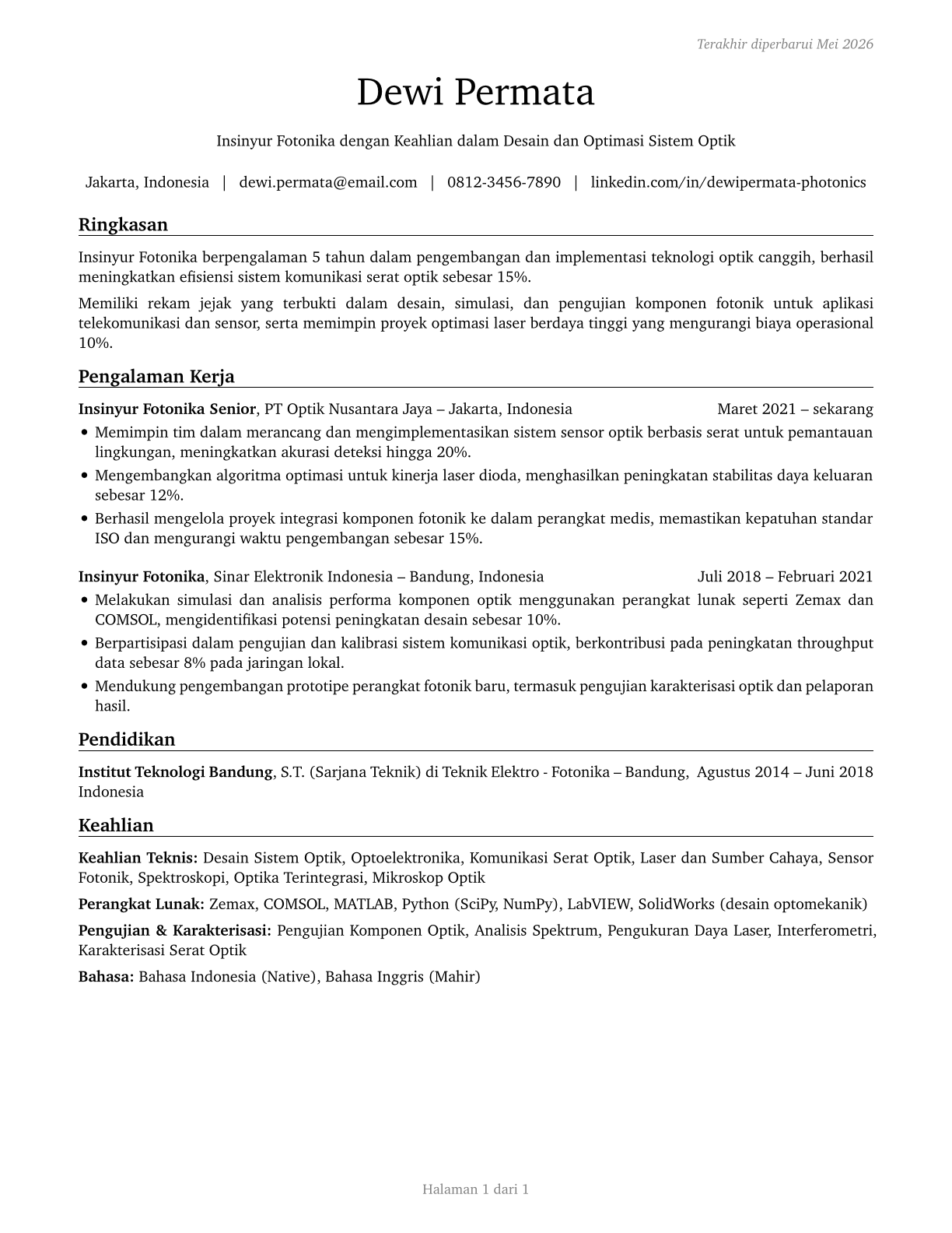 Photonics Engineers CV in Indonesian — page 1