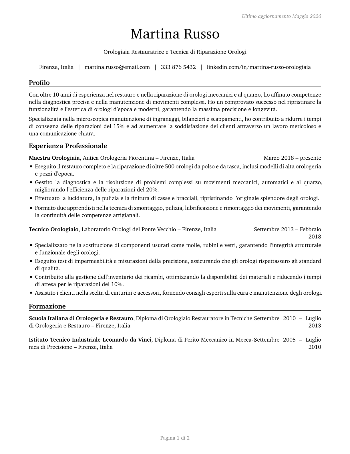 Watch and Clock Repairers CV in Italian — page 1