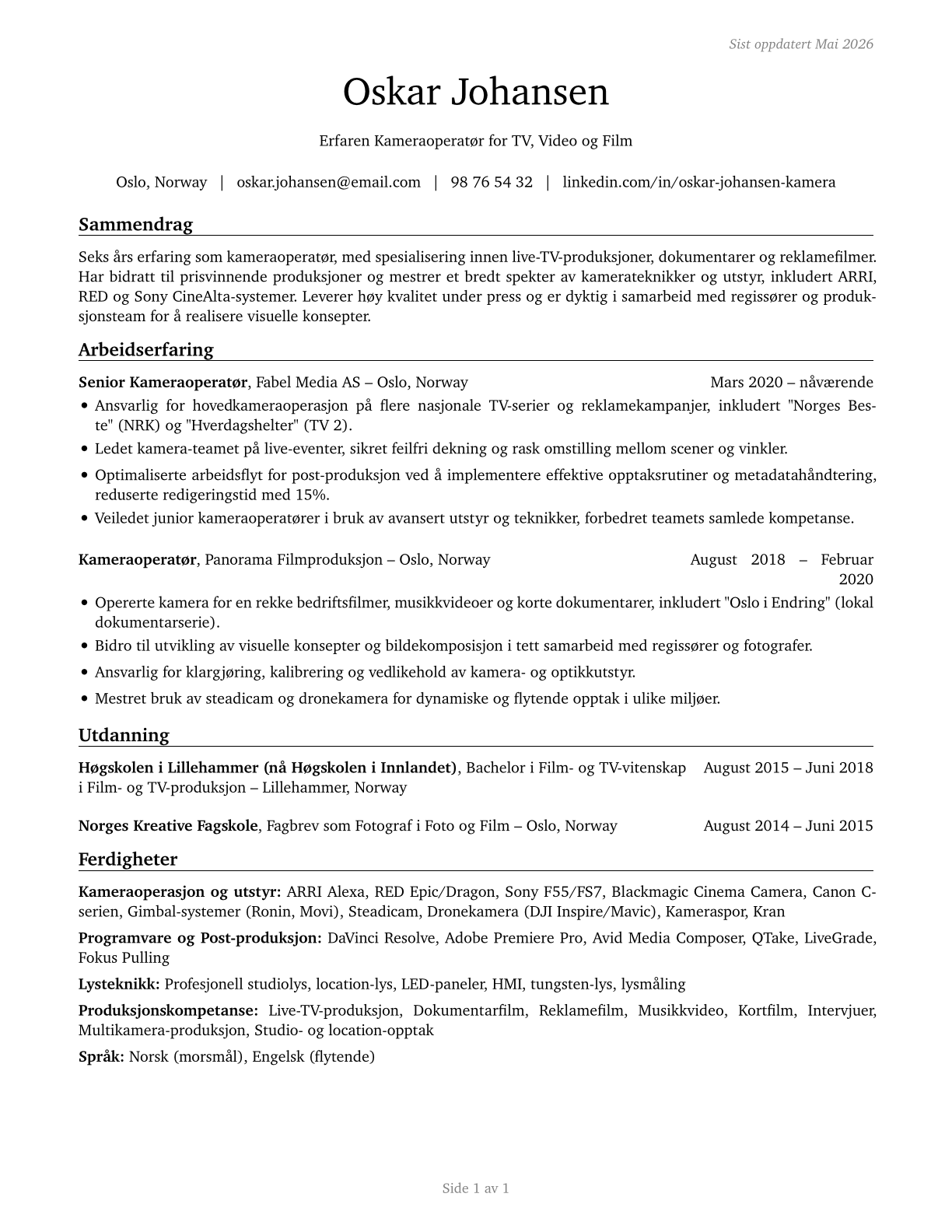 Camera Operators, Television, Video, and Film CV in Norwegian_bokmal — page 1