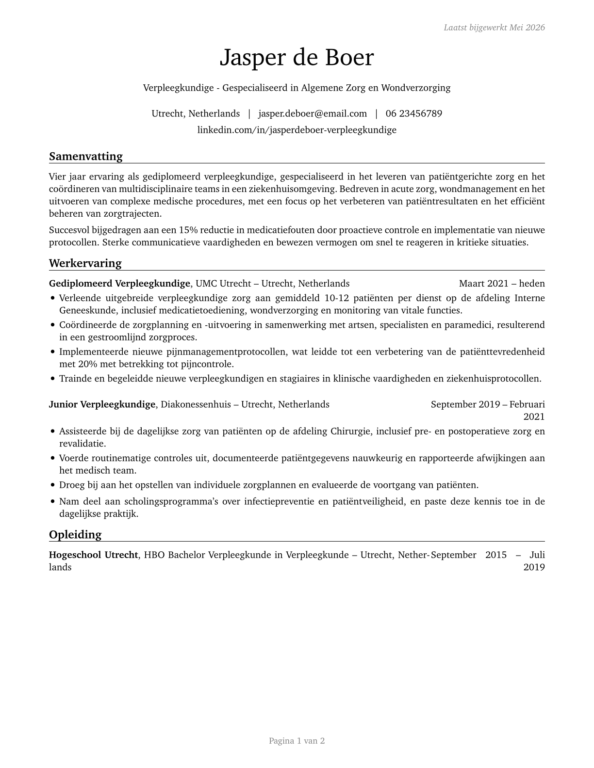 Licensed Practical and Licensed Vocational Nurses CV in Dutch — page 1