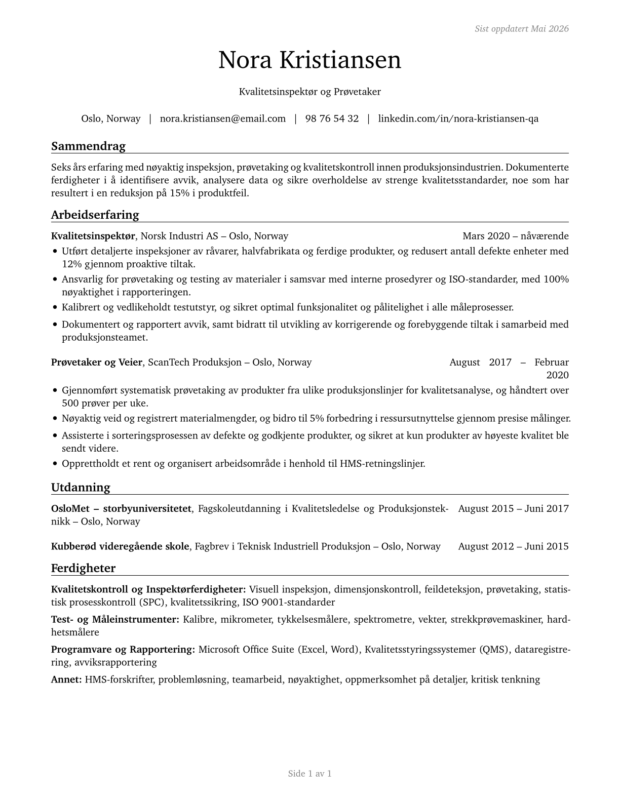 Inspectors, Testers, Sorters, Samplers, and Weighers CV in Norwegian_bokmal — page 1
