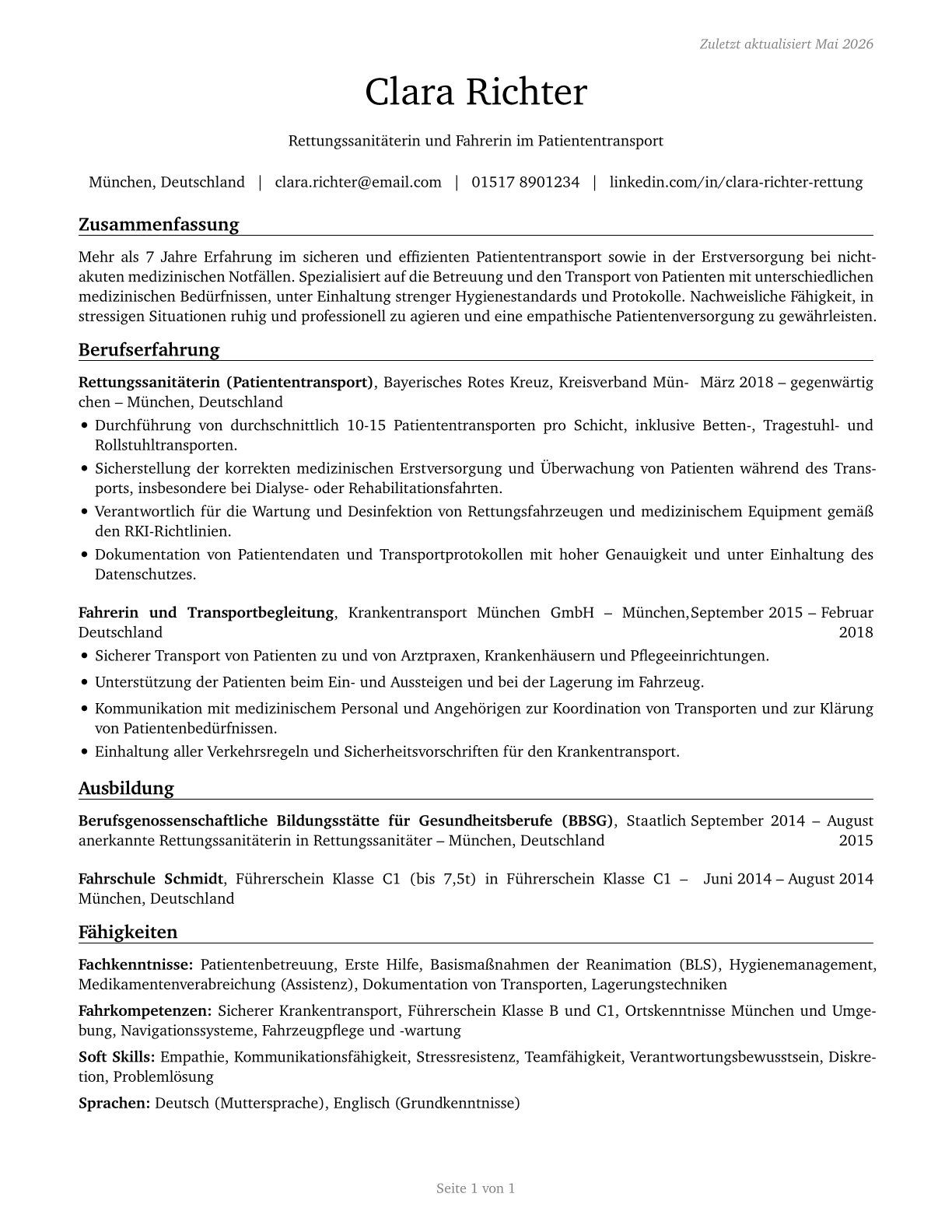 Ambulance Drivers and Attendants, Except Emergency Medical Technicians CV in German — page 1