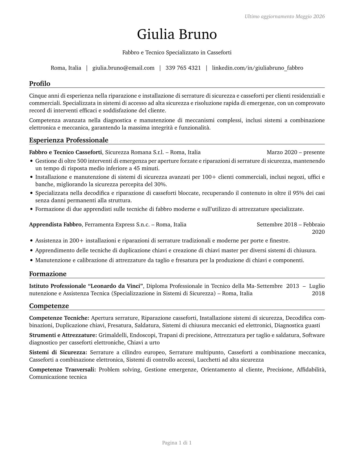 Locksmiths and Safe Repairers CV in Italian — page 1