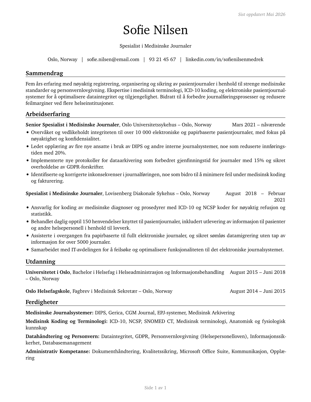 Medical Records Specialists CV in Norwegian_bokmal — page 1