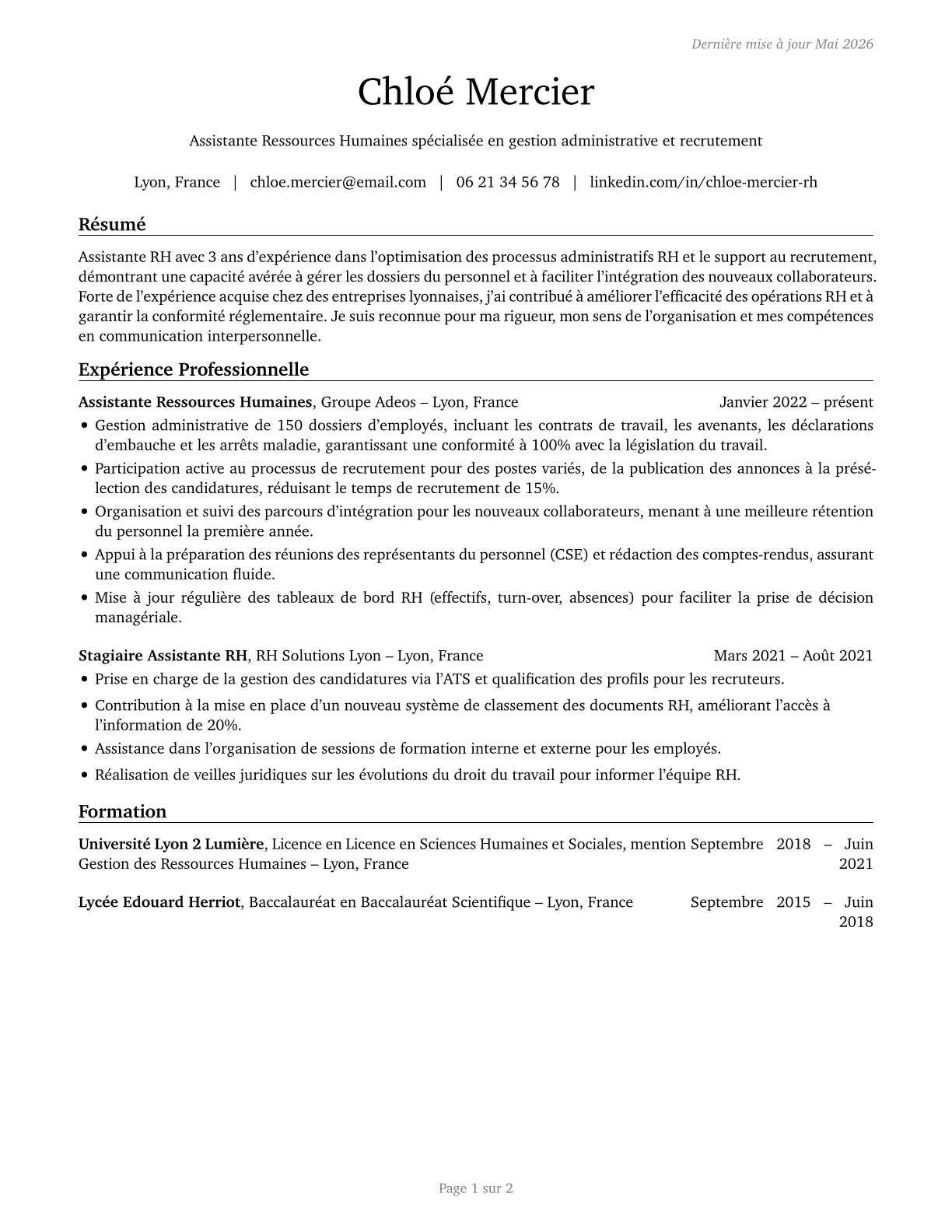 Human Resources Assistants, Except Payroll and Timekeeping CV in French — page 1
