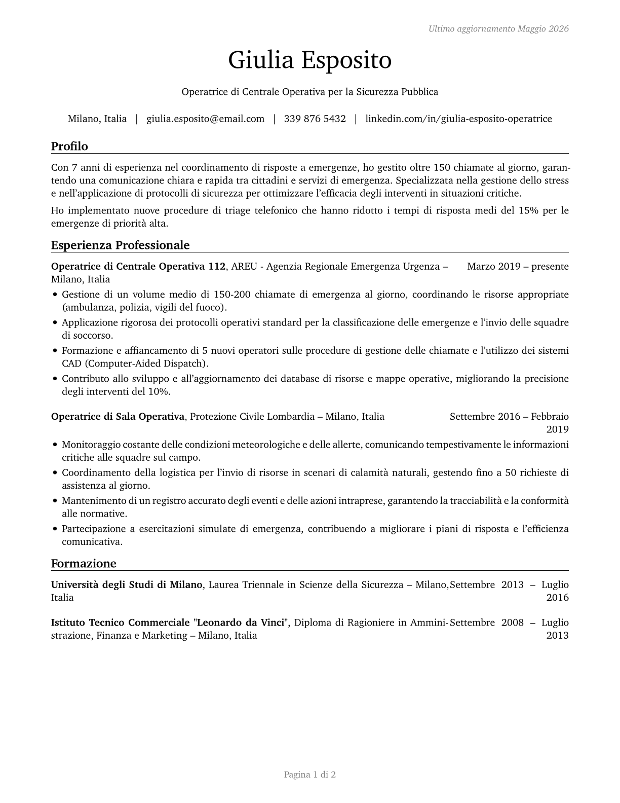 Public Safety Telecommunicators CV in Italian — page 1