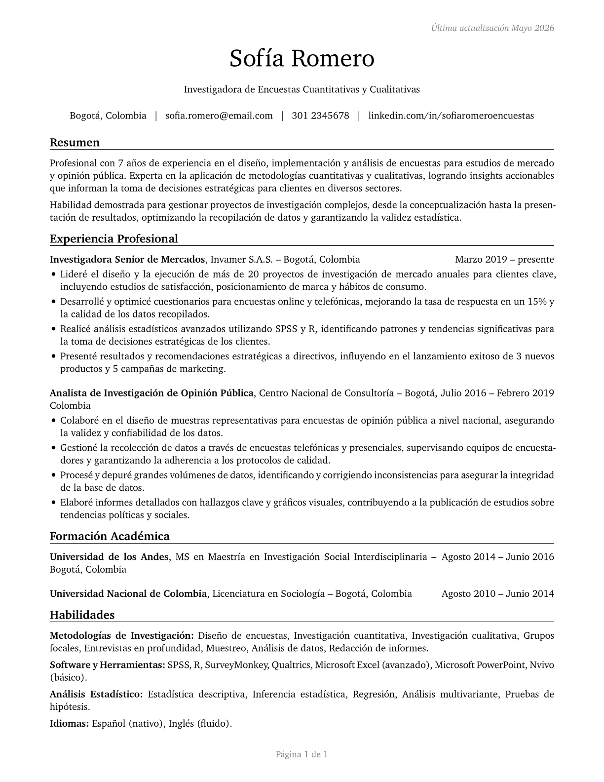 Survey Researchers CV in Spanish — page 1