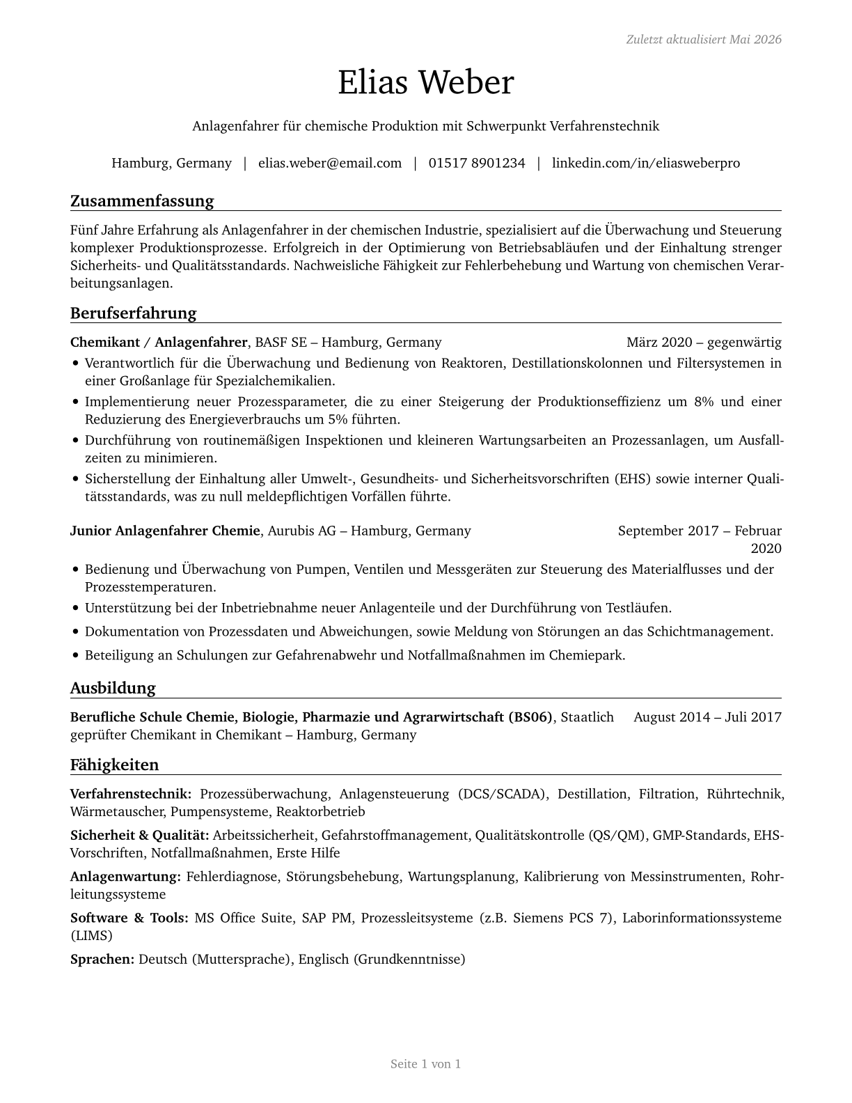 Chemical Equipment Operators and Tenders CV in German — page 1