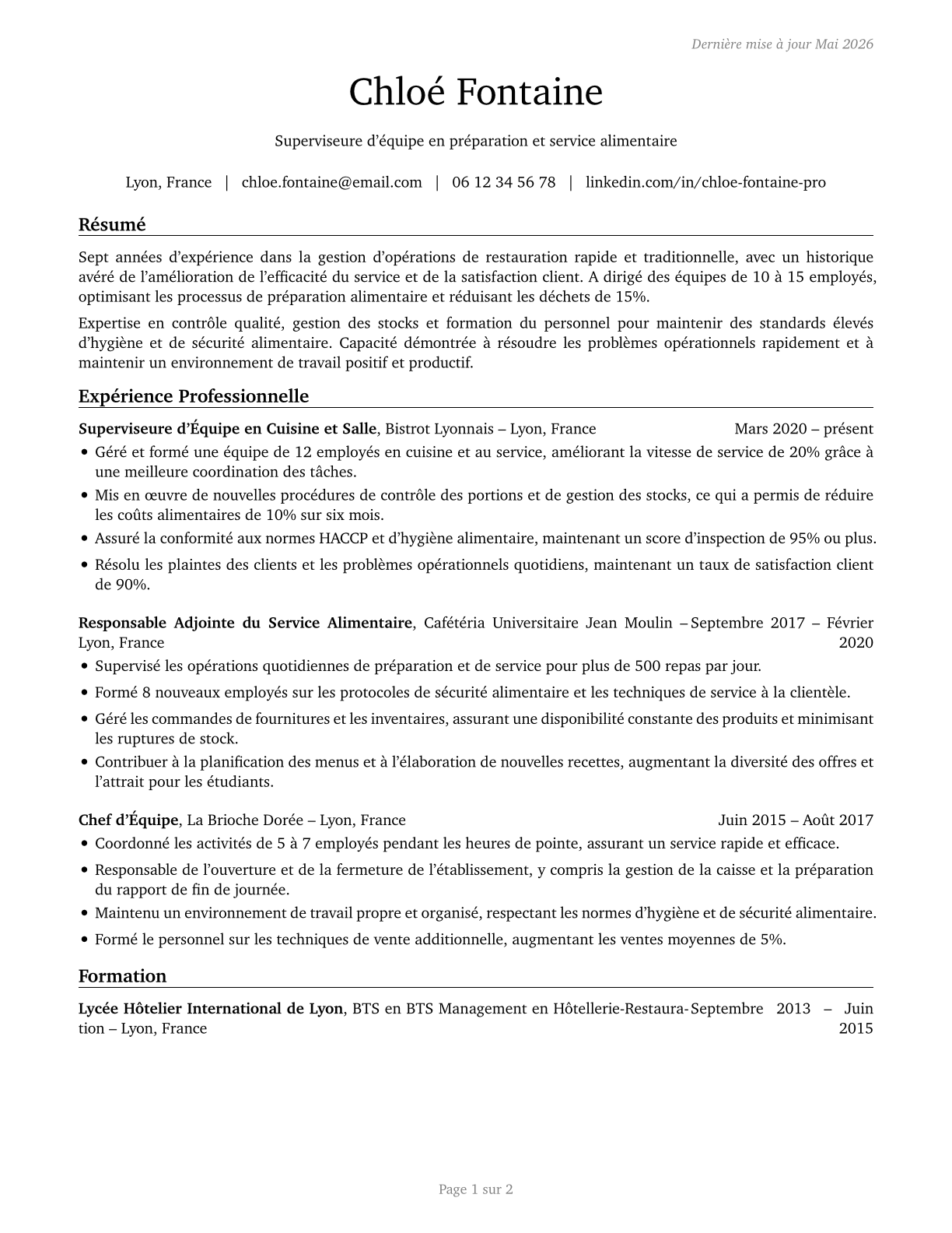 First-Line Supervisors of Food Preparation and Serving Workers CV in French — page 1