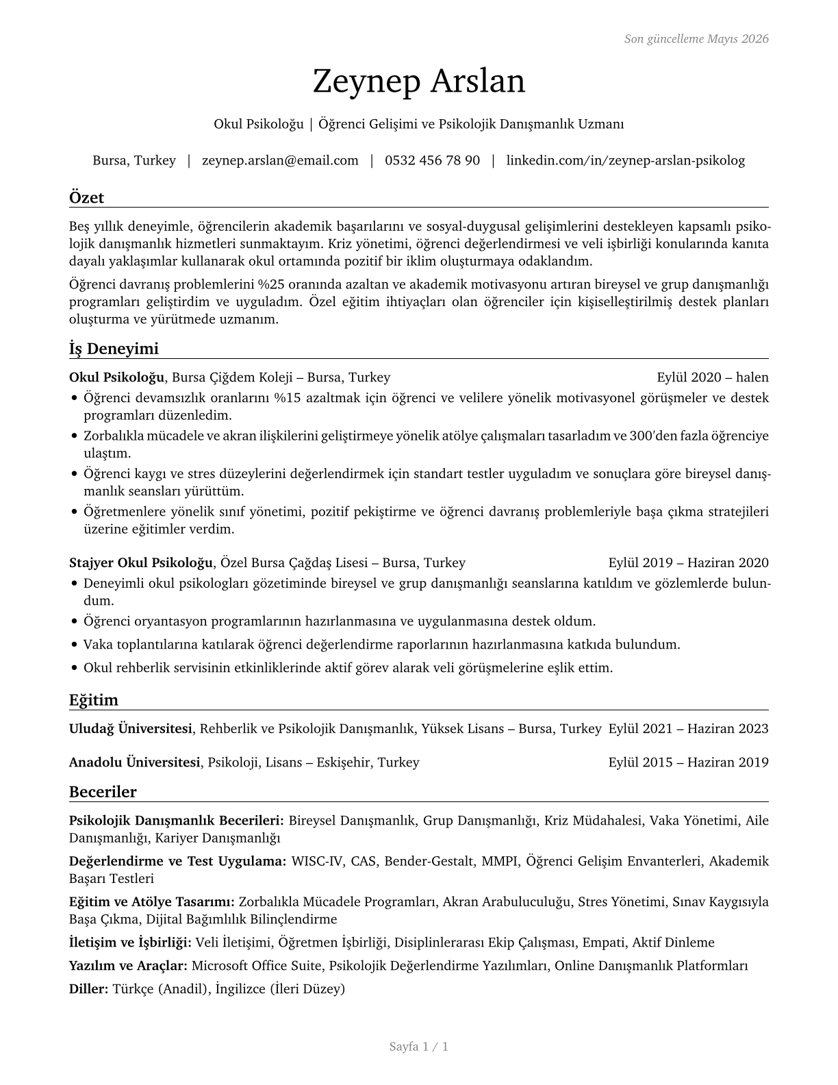 School Psychologists CV in Turkish — page 1