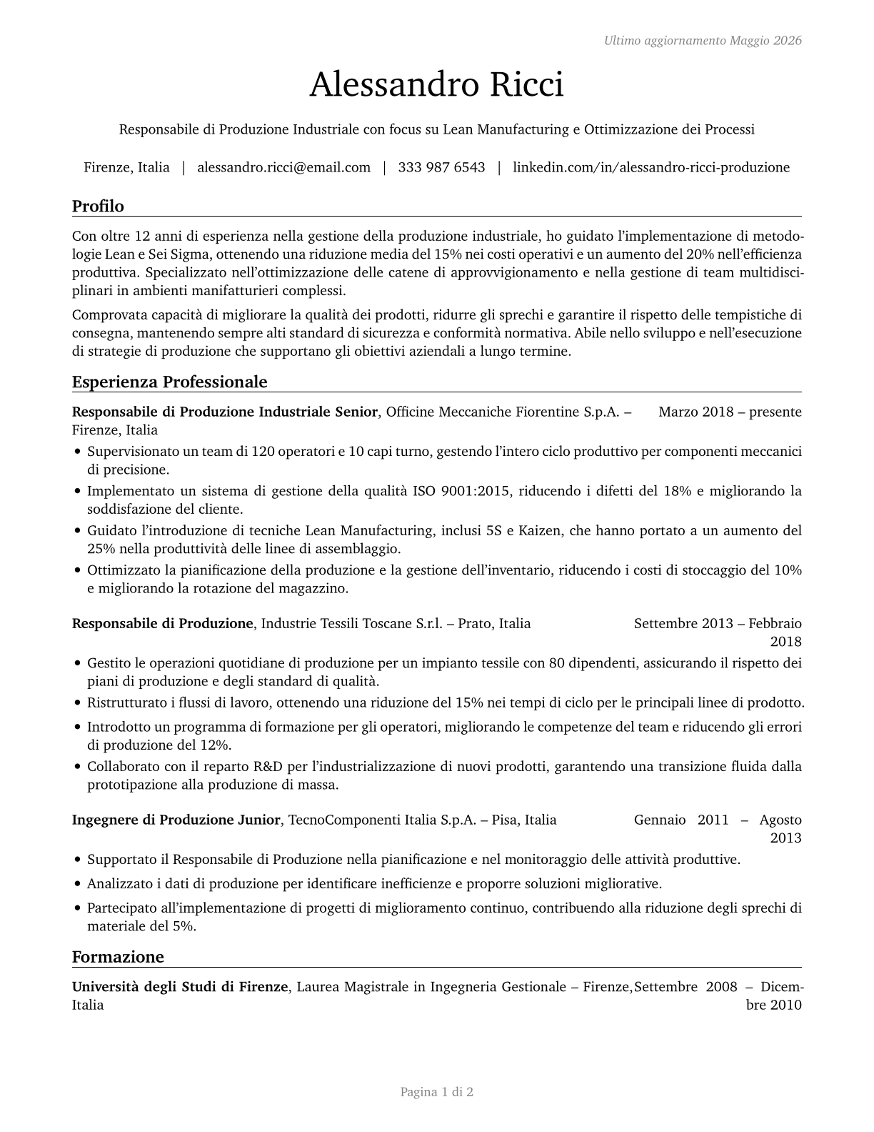Industrial Production Managers CV in Italian — page 1