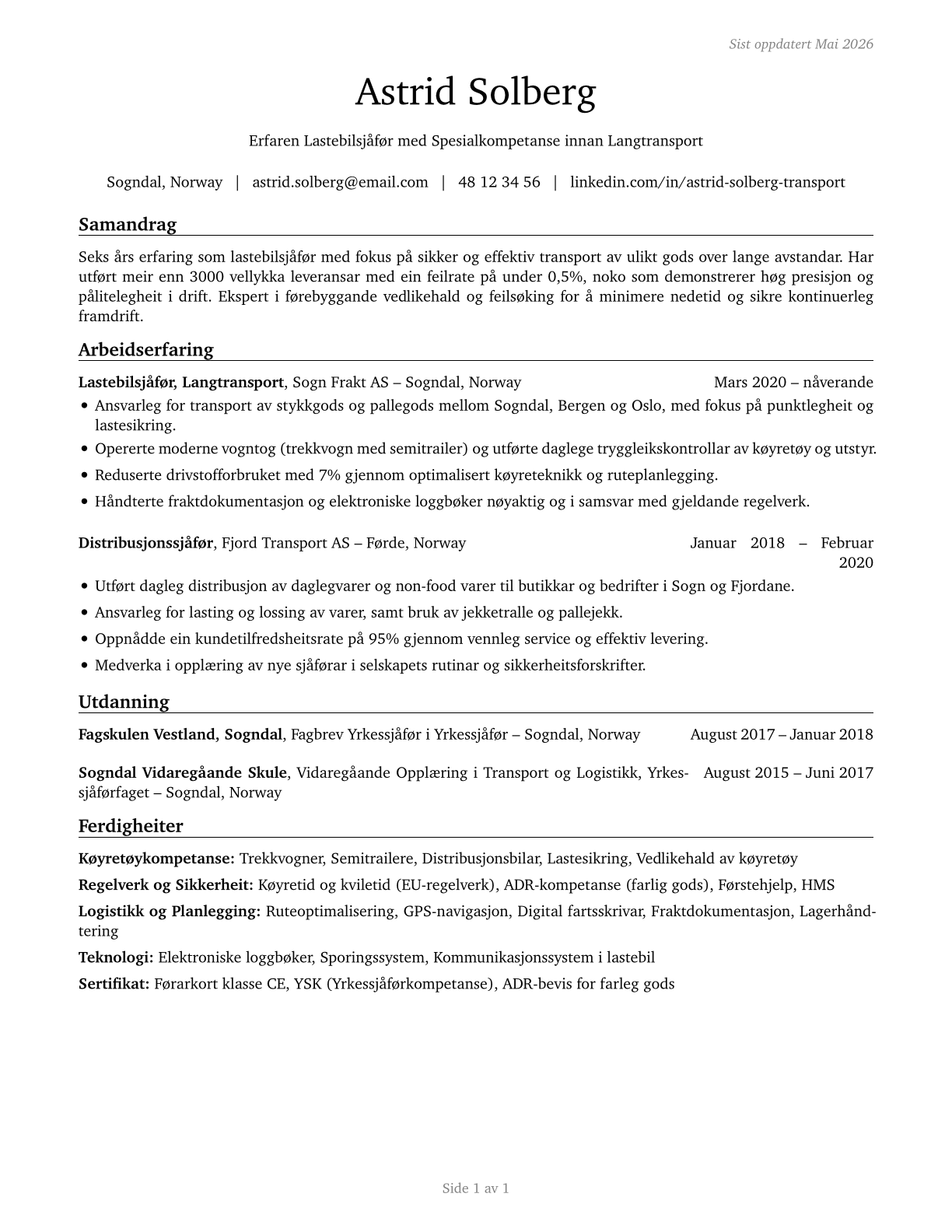 Heavy and Tractor-Trailer Truck Drivers CV in Norwegian_nynorsk — page 1