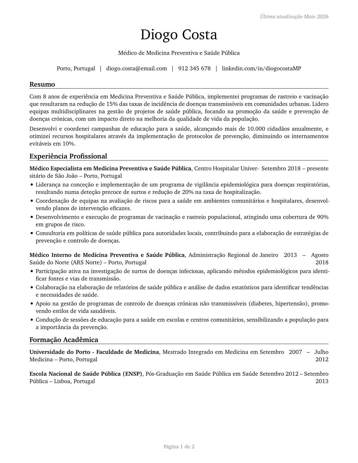 Preventive Medicine Physicians CV in Portuguese — page 1