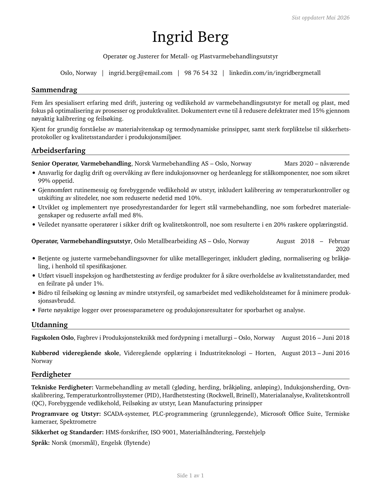 Heat Treating Equipment Setters, Operators, and Tenders, Metal and Plastic CV in Norwegian_bokmal — page 1