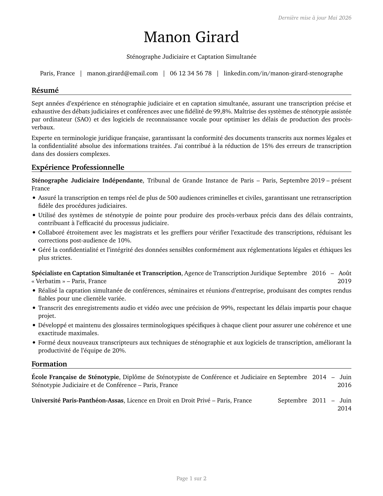 Court Reporters and Simultaneous Captioners CV in French — page 1