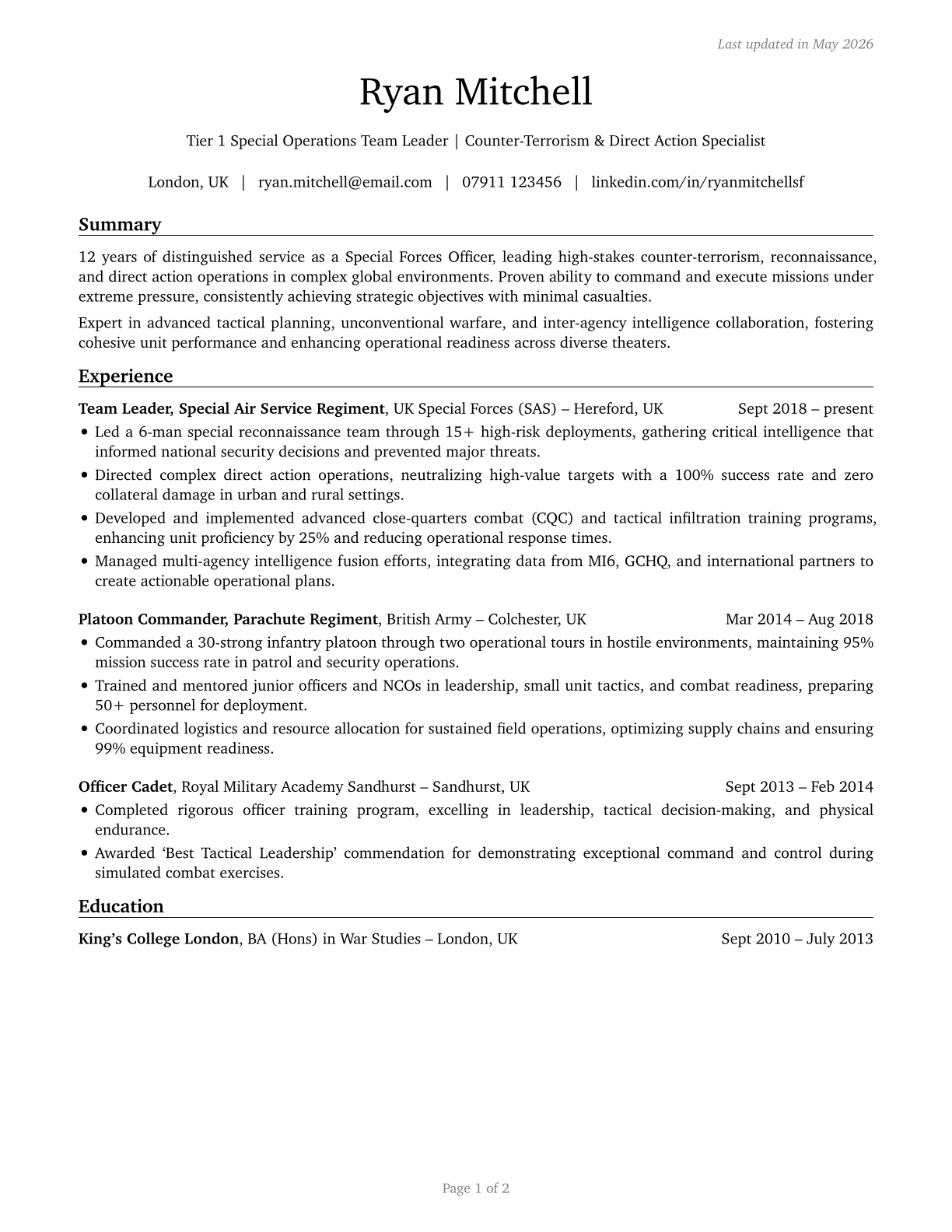 Special Forces Officers CV in English — page 1