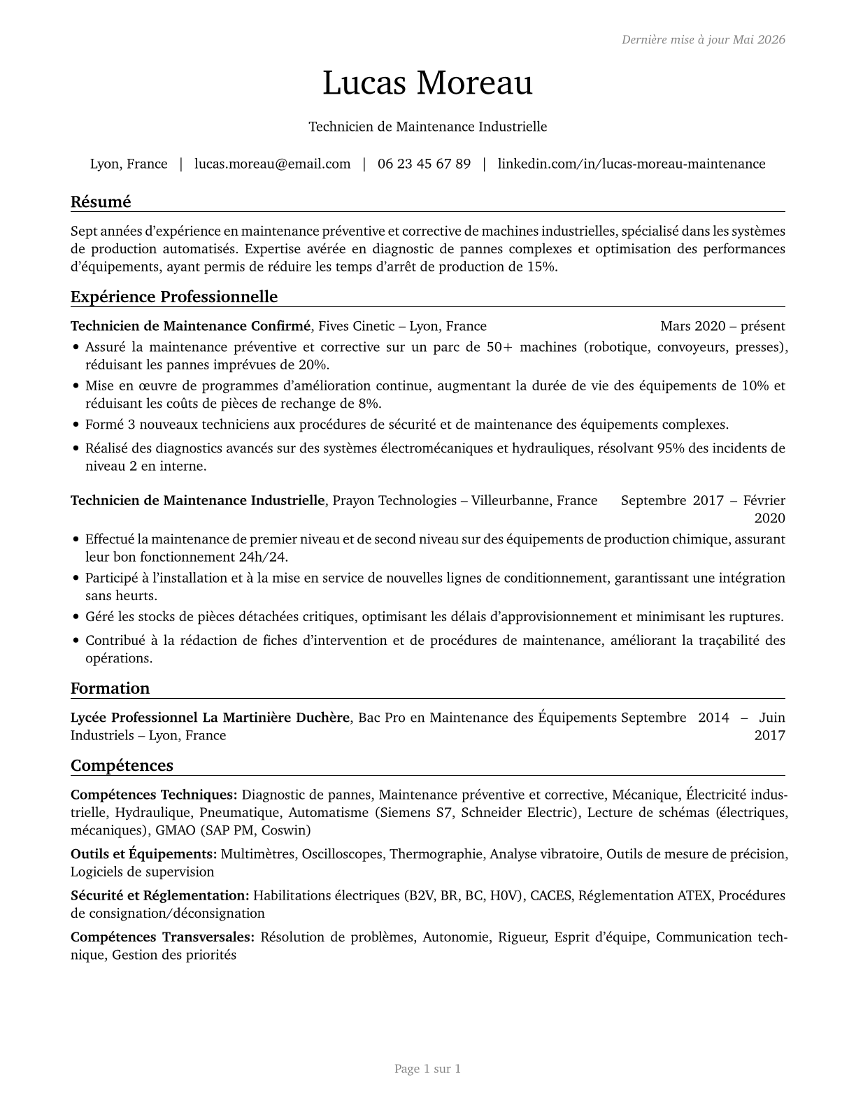 Maintenance Workers, Machinery CV in French — page 1