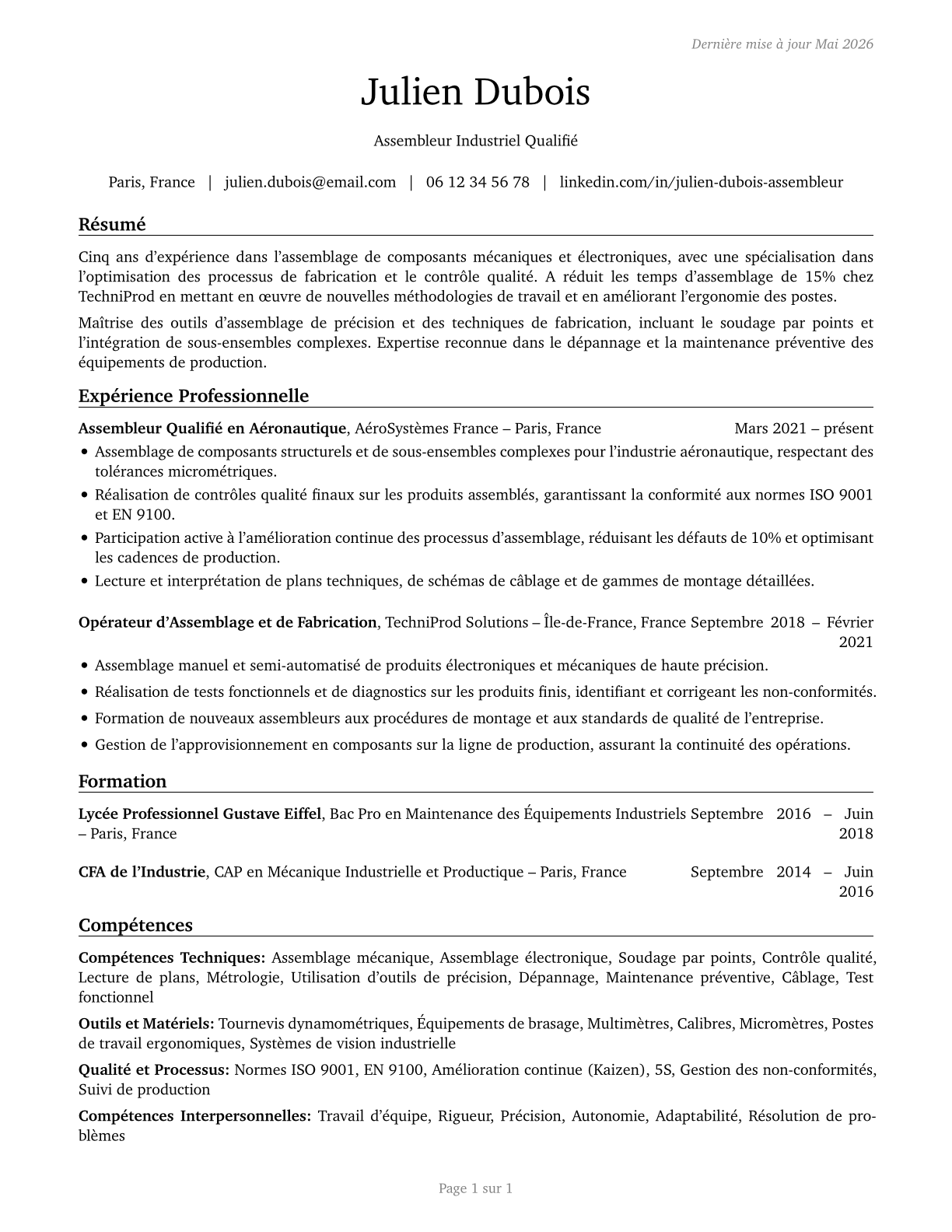 Assemblers and Fabricators, All Other CV in French — page 1