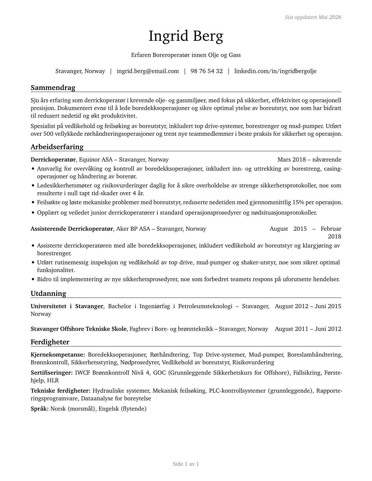 Derrick Operators, Oil and Gas CV in Norwegian_bokmal — page 1