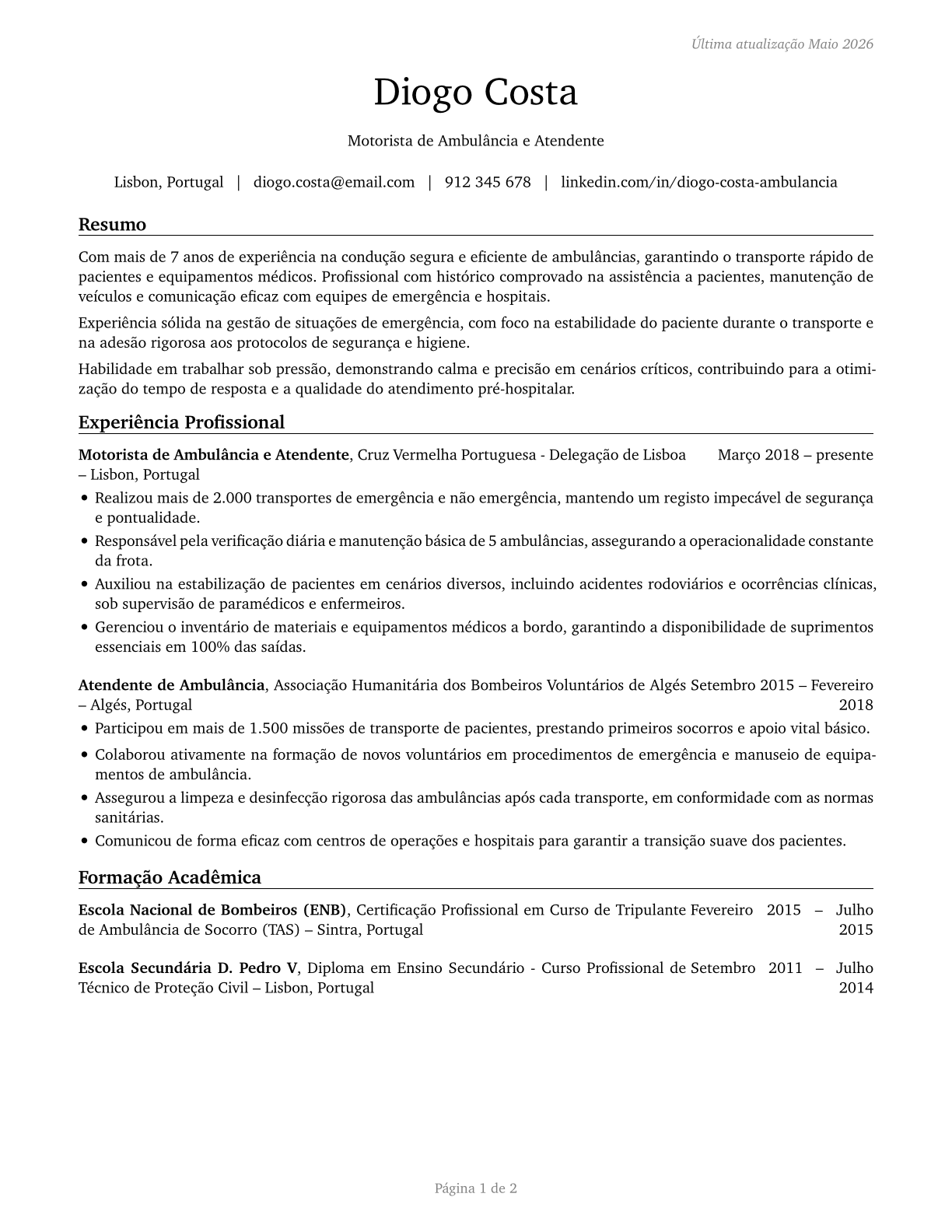 Ambulance Drivers and Attendants, Except Emergency Medical Technicians CV in Portuguese — page 1