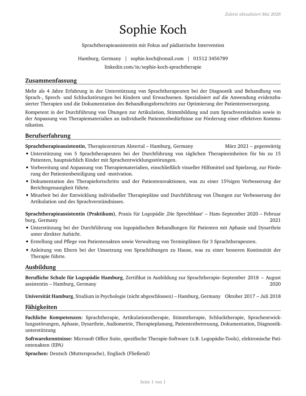Speech-Language Pathology Assistants CV in German — page 1