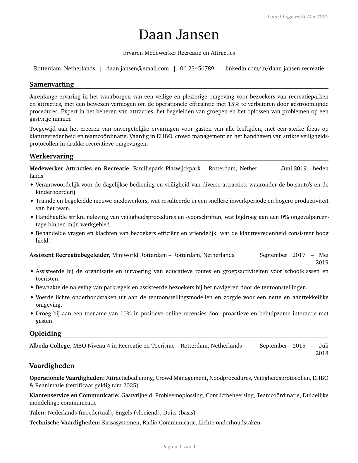 Amusement and Recreation Attendants CV in Dutch — page 1
