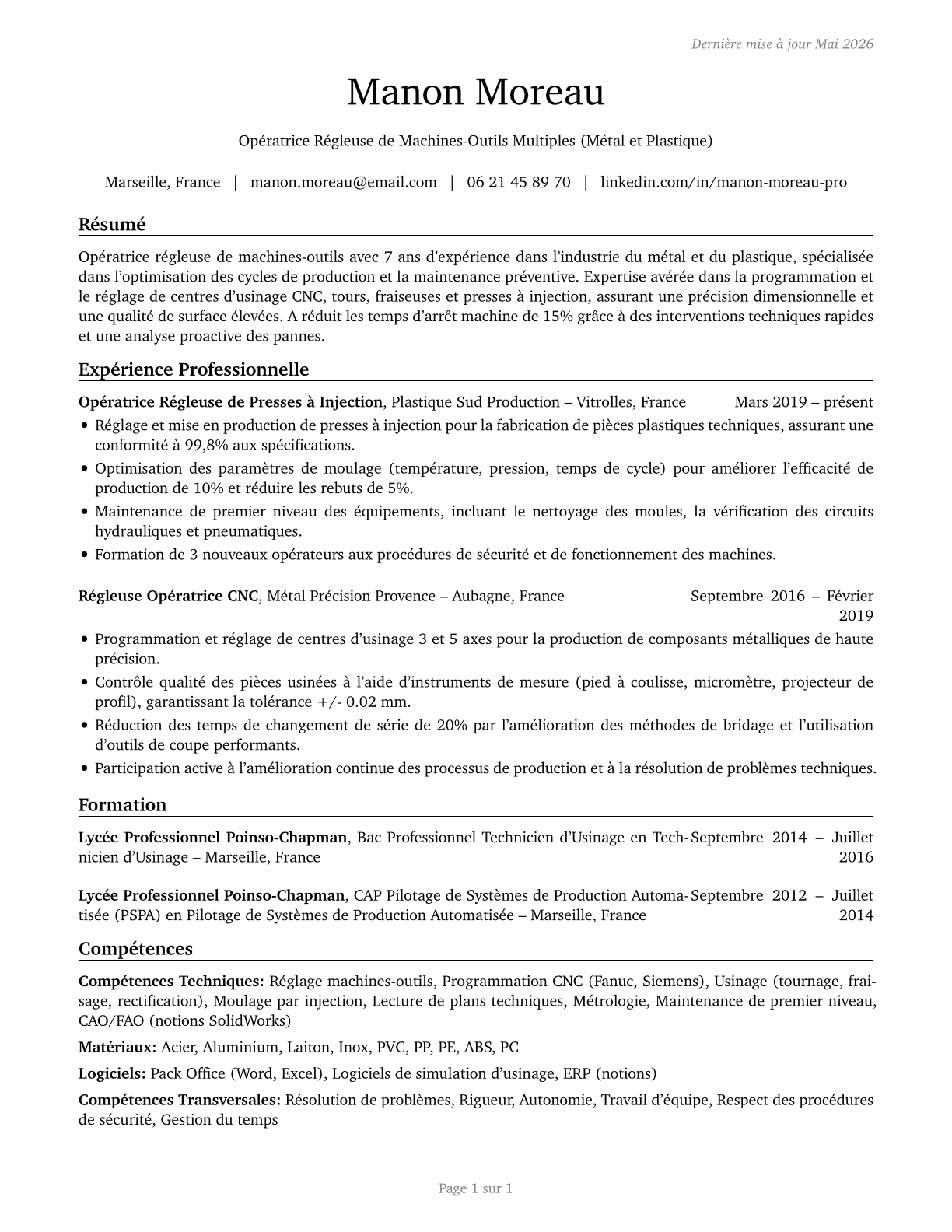 Multiple Machine Tool Setters, Operators, and Tenders, Metal and Plastic CV in French — page 1