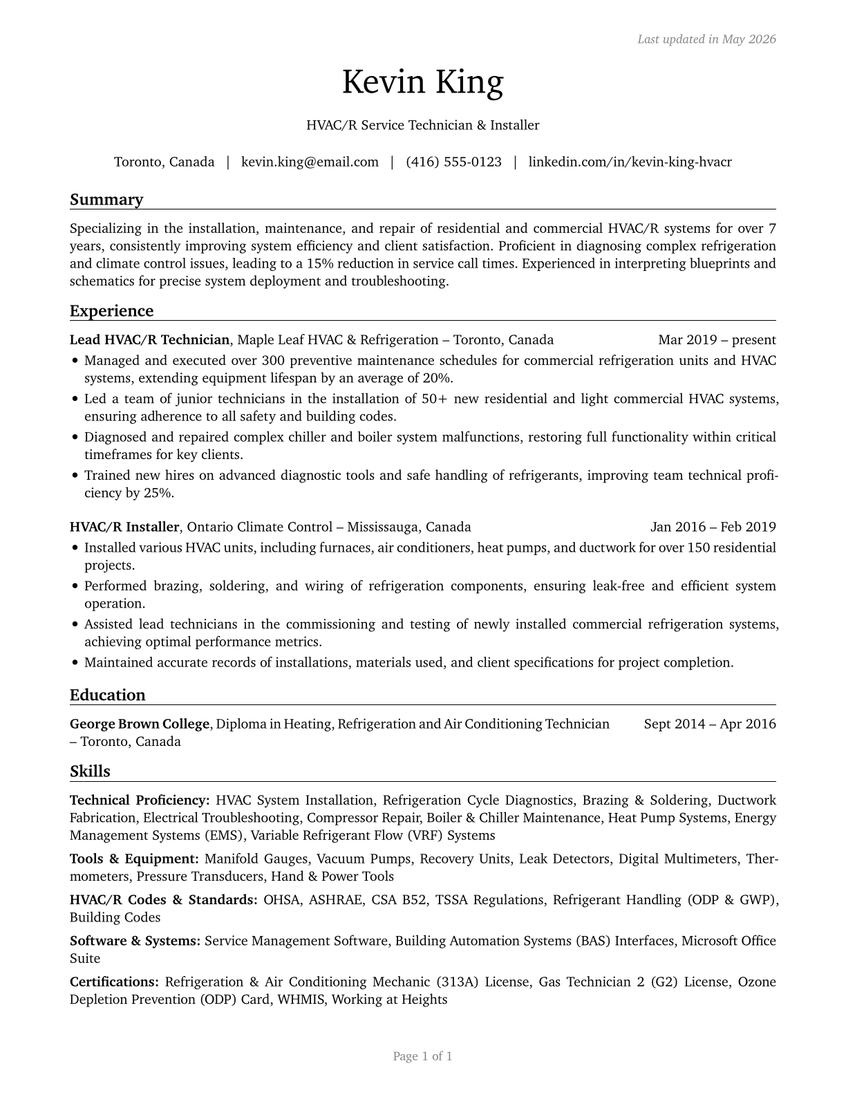 Heating, Air Conditioning, and Refrigeration Mechanics and Installers CV in English — page 1