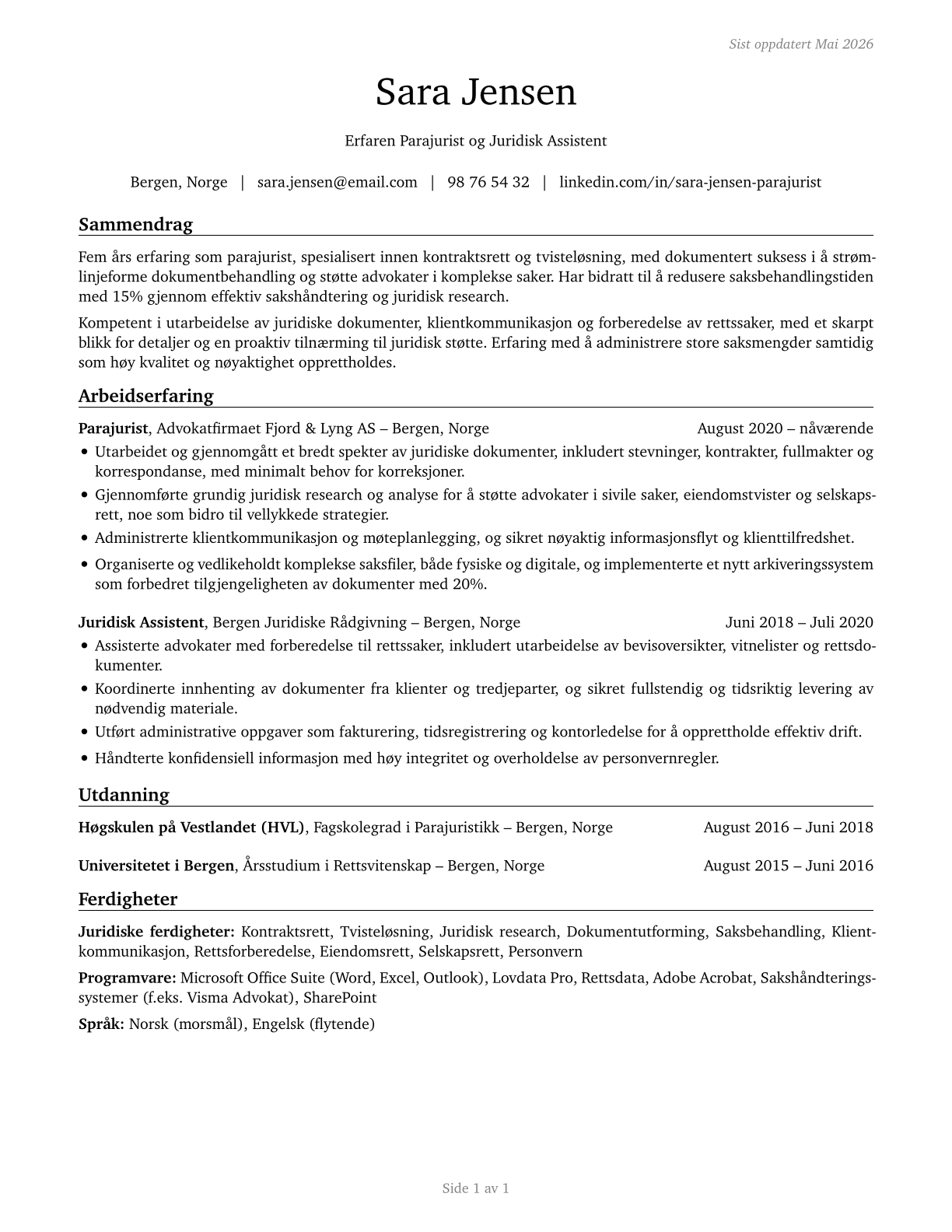 Paralegals and Legal Assistants CV in Norwegian_bokmal — page 1
