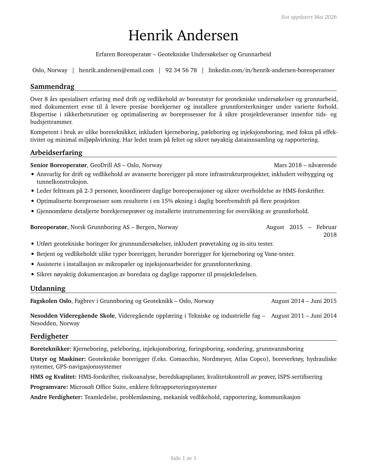 Earth Drillers, Except Oil and Gas CV in Norwegian_bokmal — page 1