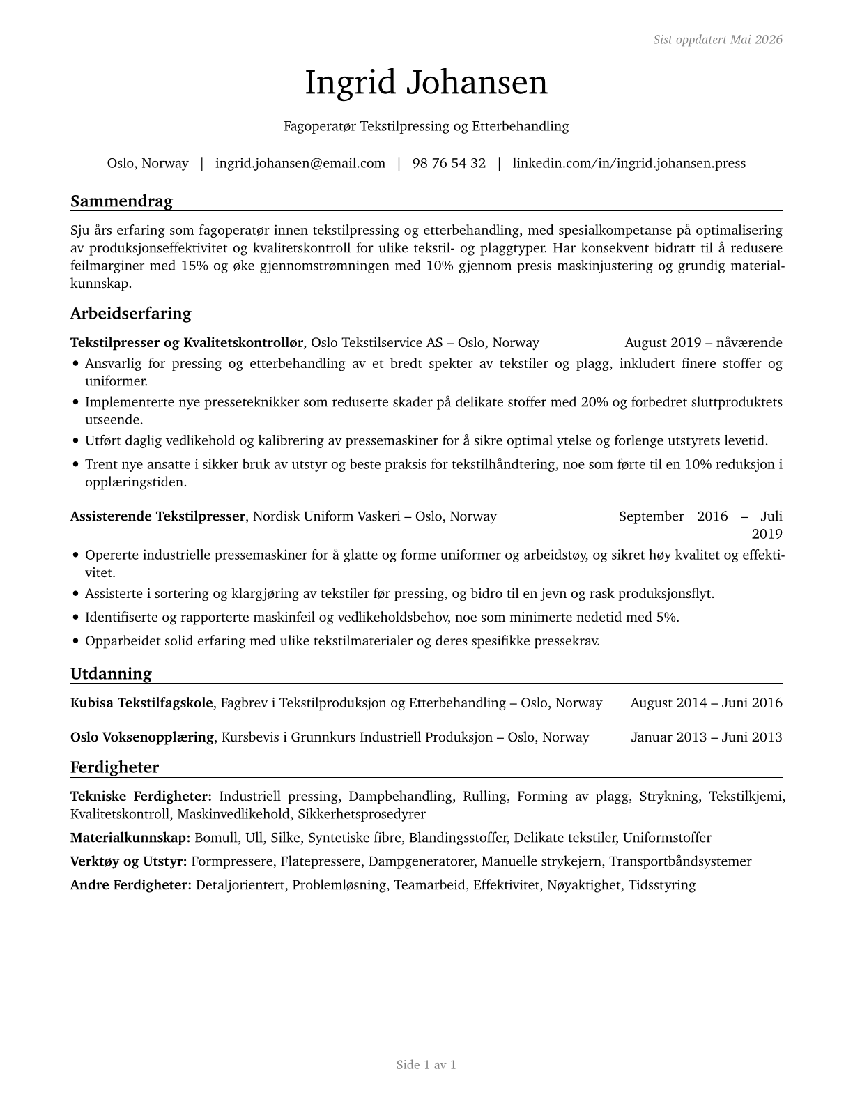 Pressers, Textile, Garment, and Related Materials CV in Norwegian_bokmal — page 1