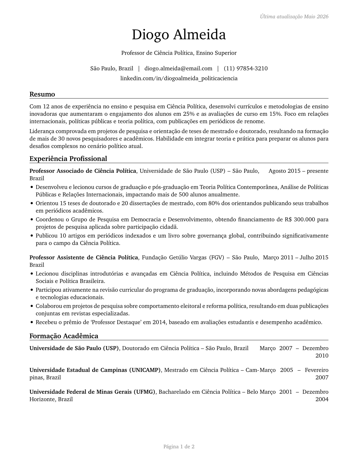 Political Science Teachers, Postsecondary CV in Portuguese — page 1