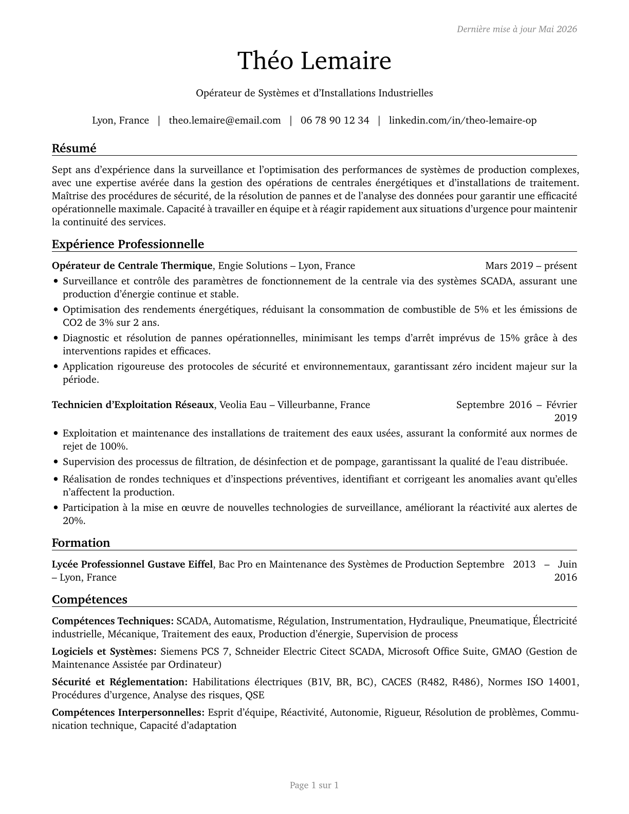 Plant and System Operators, All Other CV in French — page 1