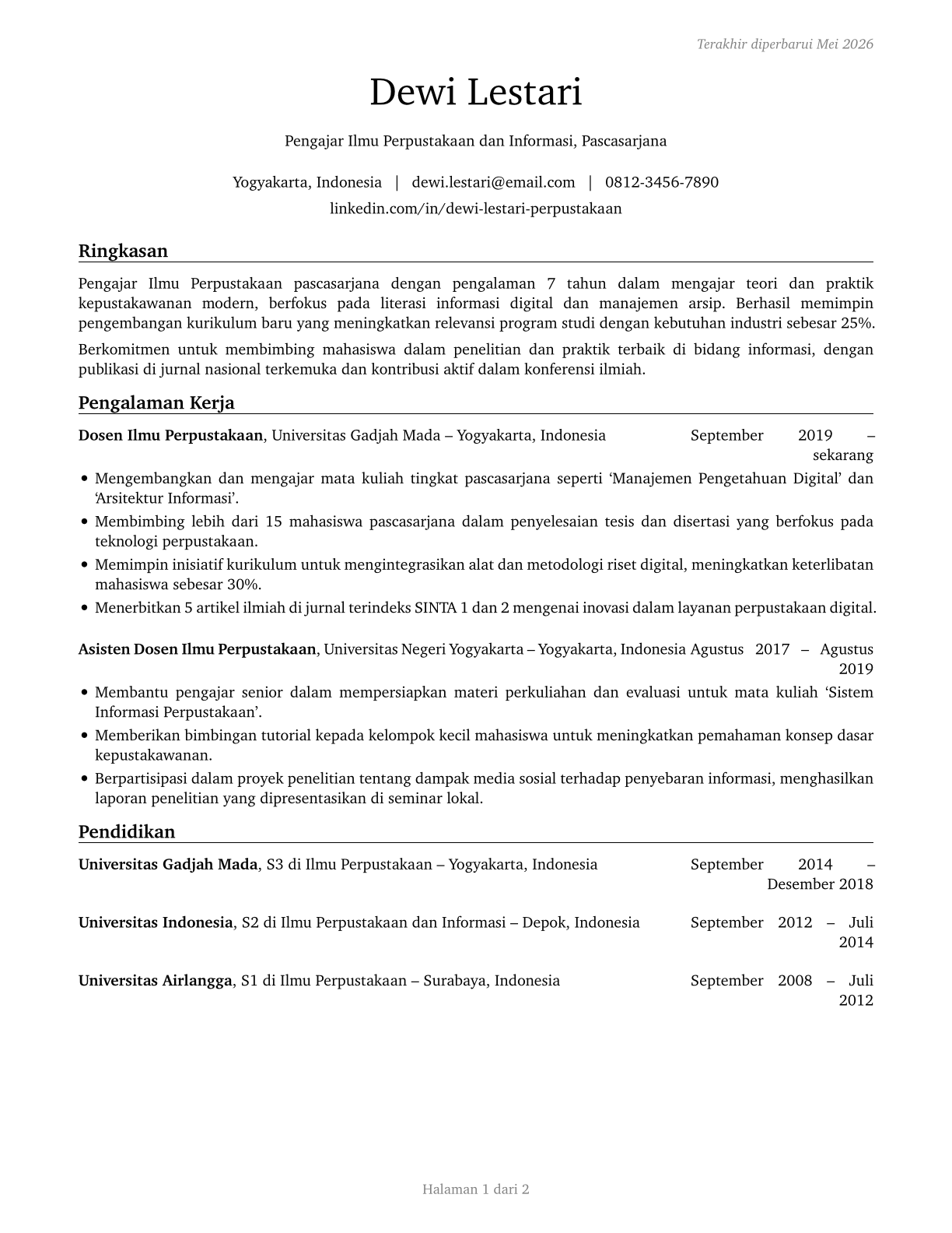 Library Science Teachers, Postsecondary CV in Indonesian — page 1