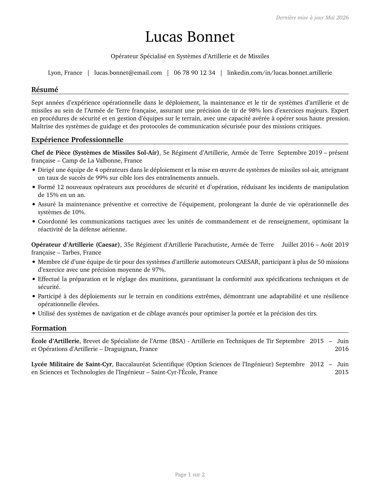 Artillery and Missile Crew Members CV in French — page 1