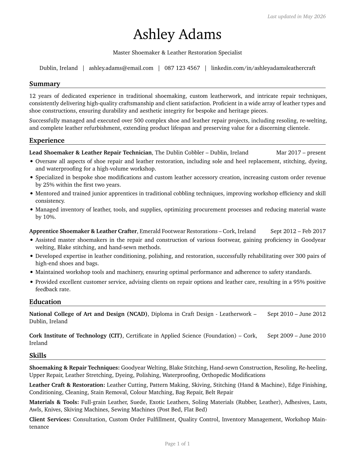 Shoe and Leather Workers and Repairers CV in English — page 1