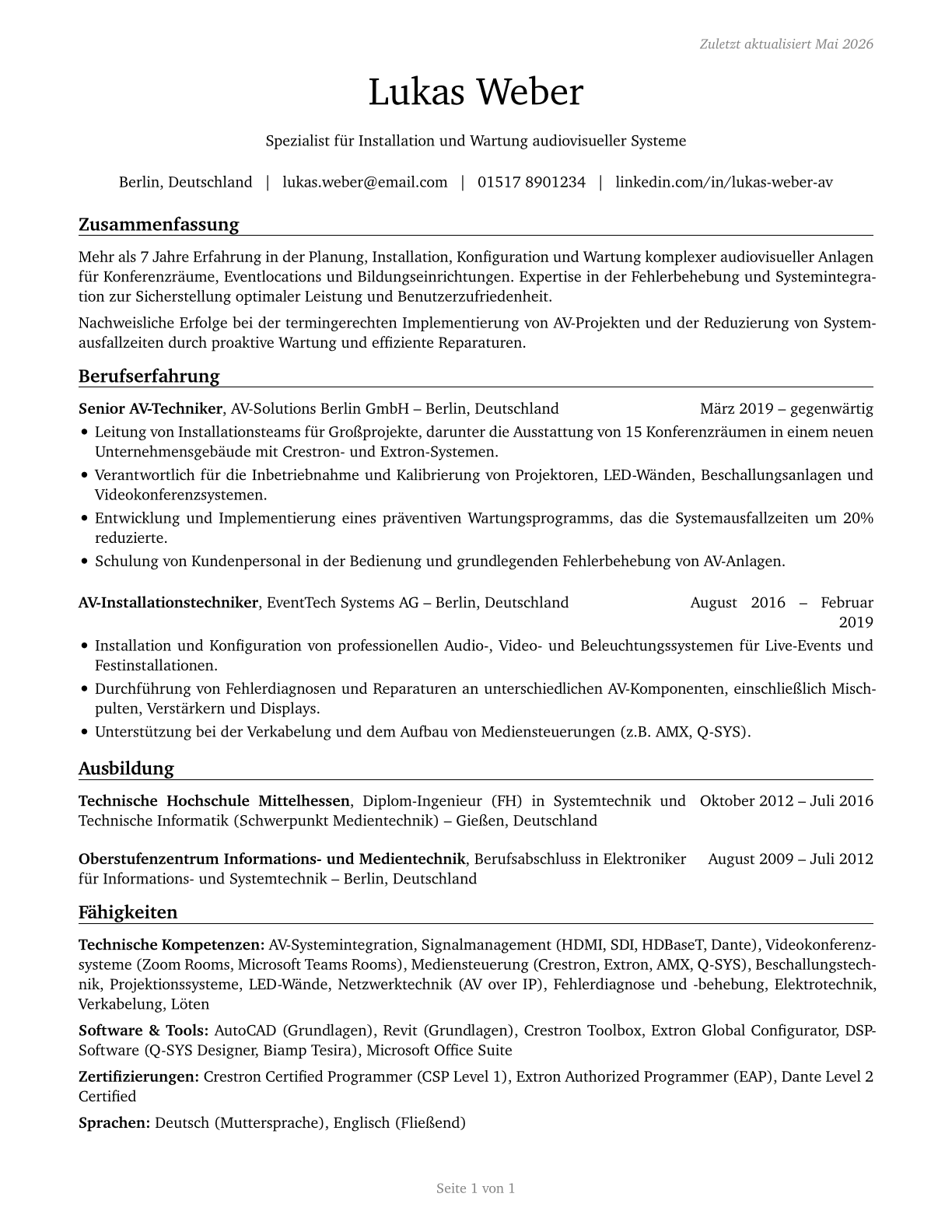 Audiovisual Equipment Installers and Repairers CV in German — page 1