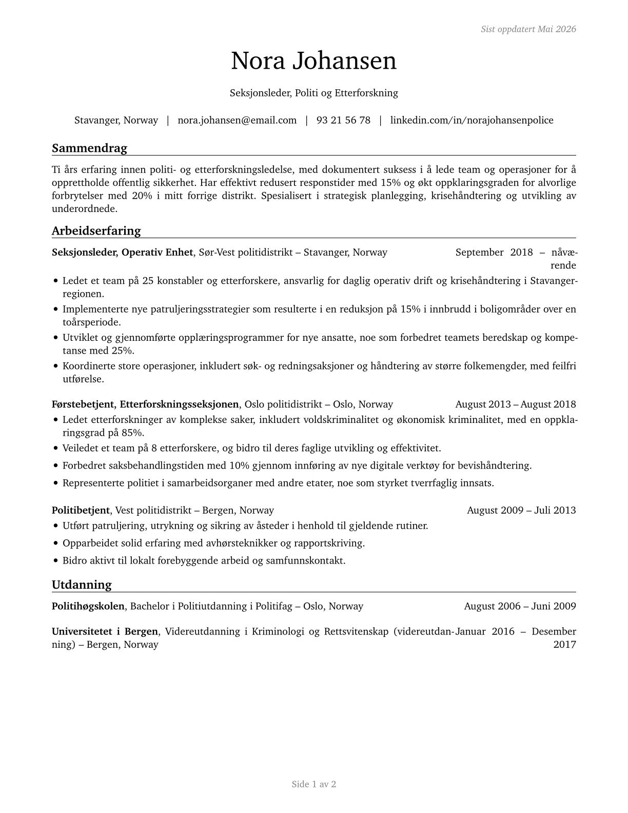 First-Line Supervisors of Police and Detectives CV in Norwegian_bokmal — page 1