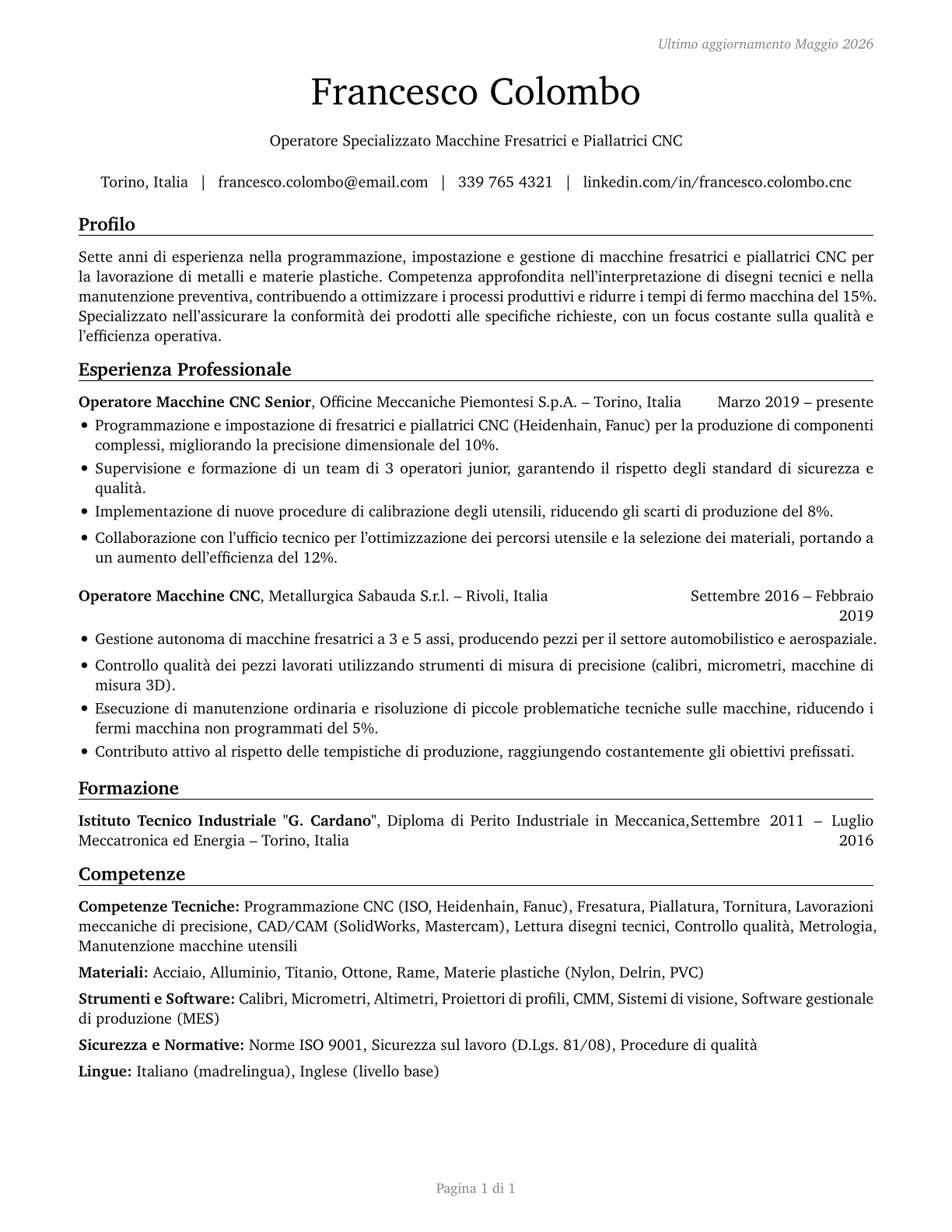 Milling and Planing Machine Setters, Operators, and Tenders, Metal and Plastic CV in Italian — page 1