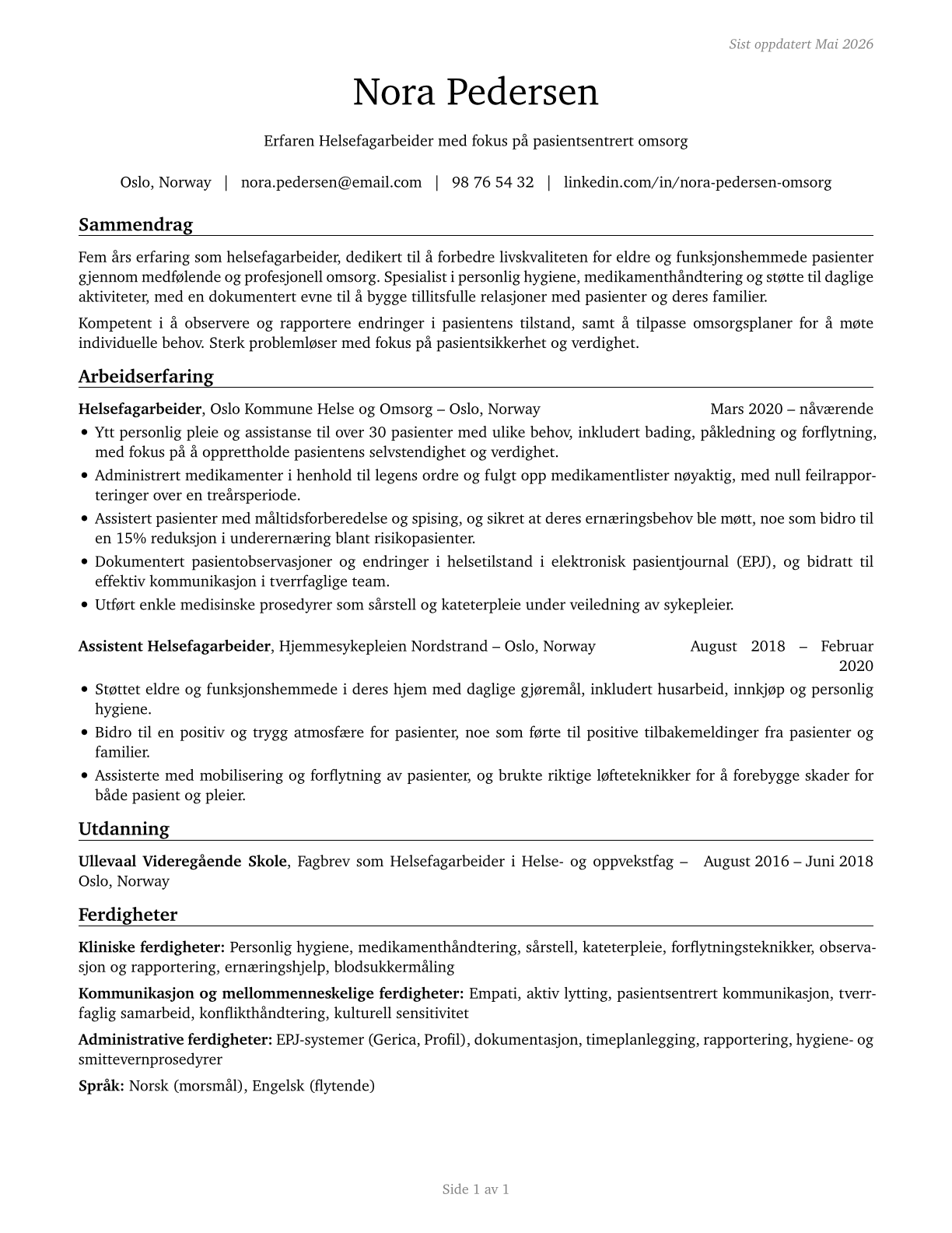 Personal Care Aides CV in Norwegian_bokmal — page 1