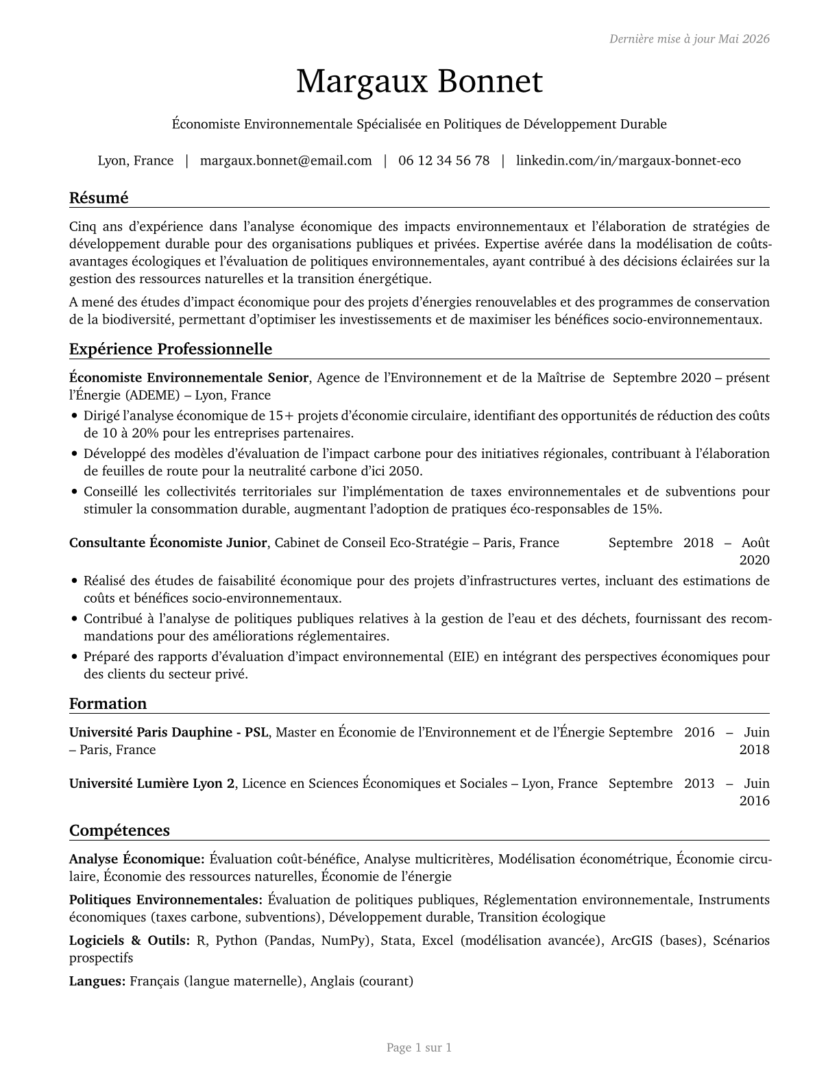Environmental Economists CV in French — page 1