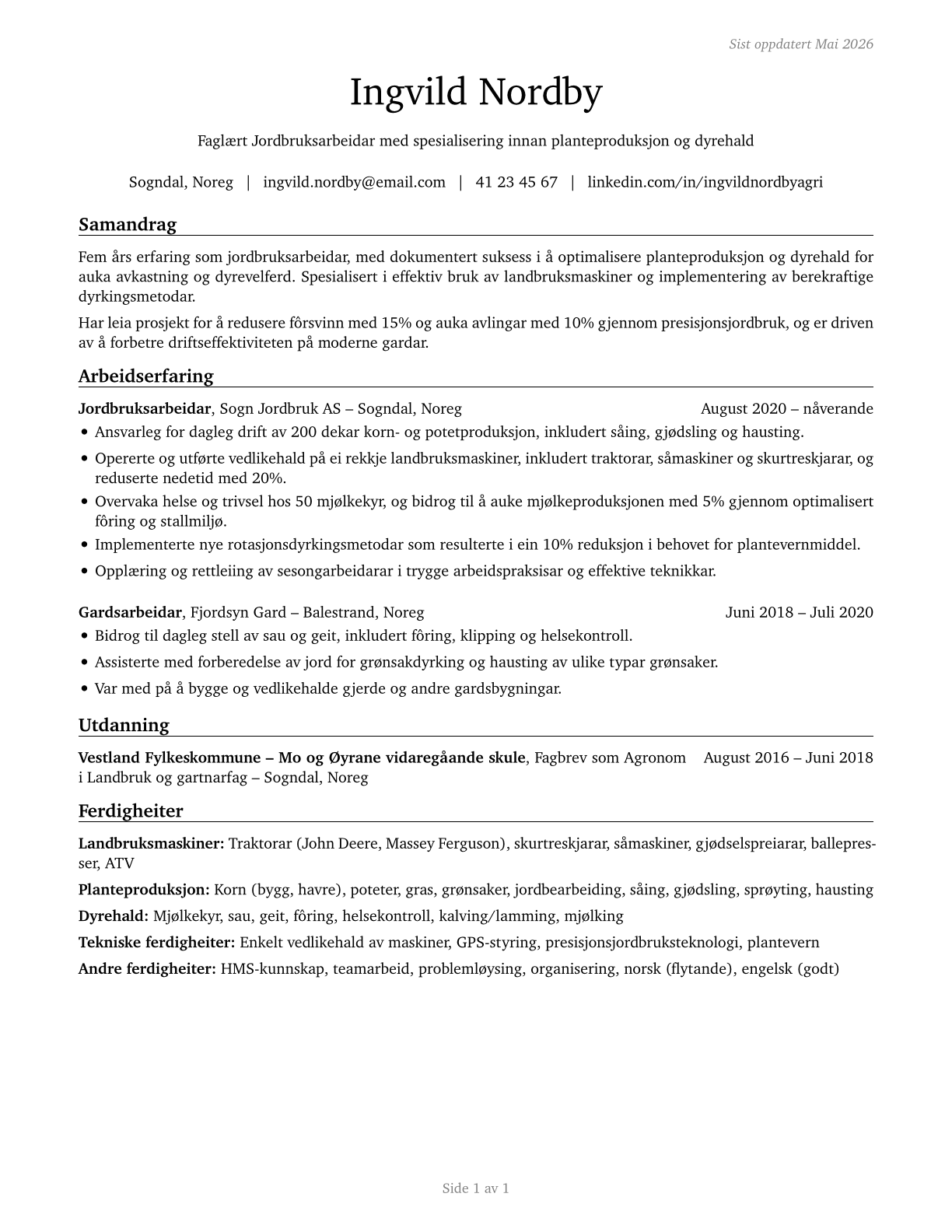 Agricultural Workers, All Other CV in Norwegian_nynorsk — page 1