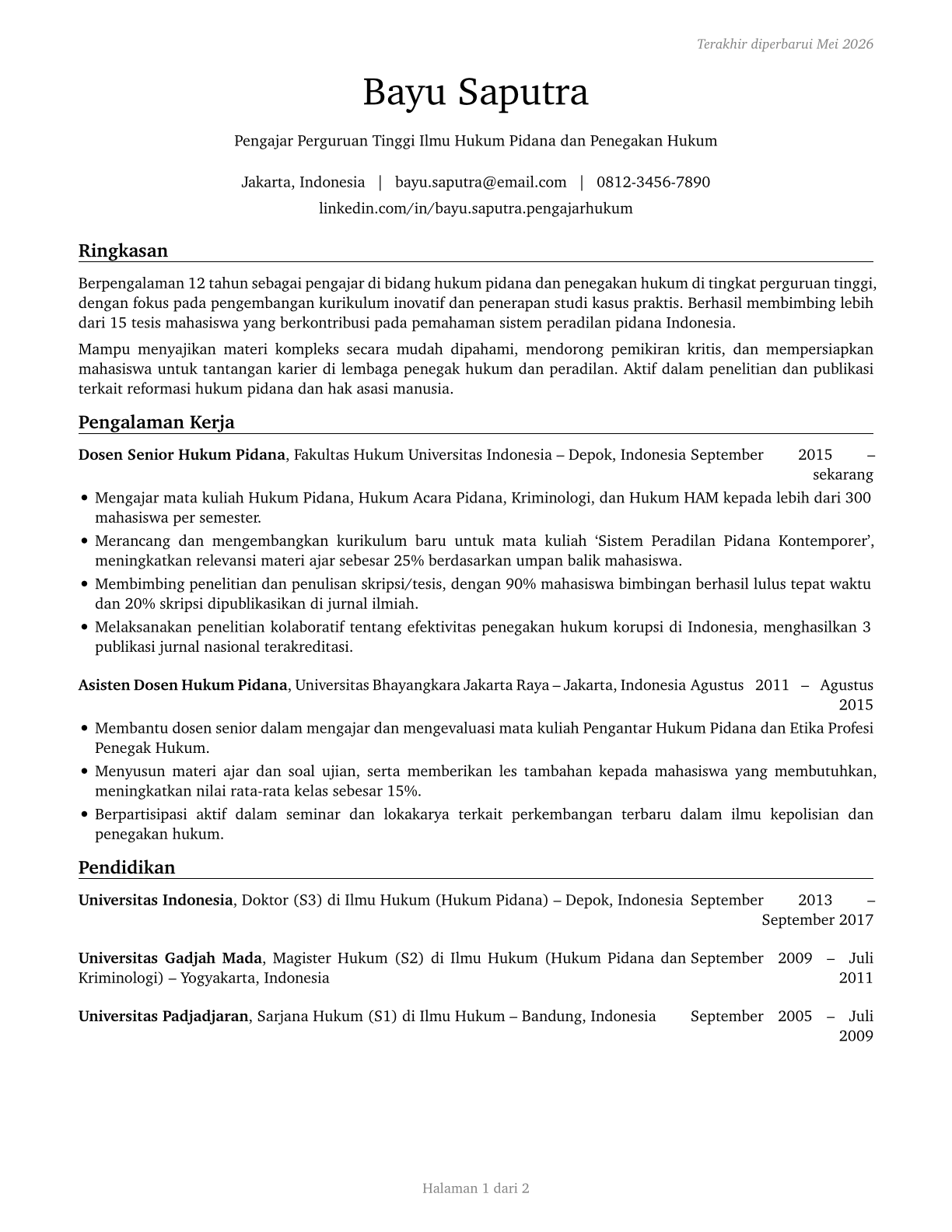 Criminal Justice and Law Enforcement Teachers, Postsecondary CV in Indonesian — page 1