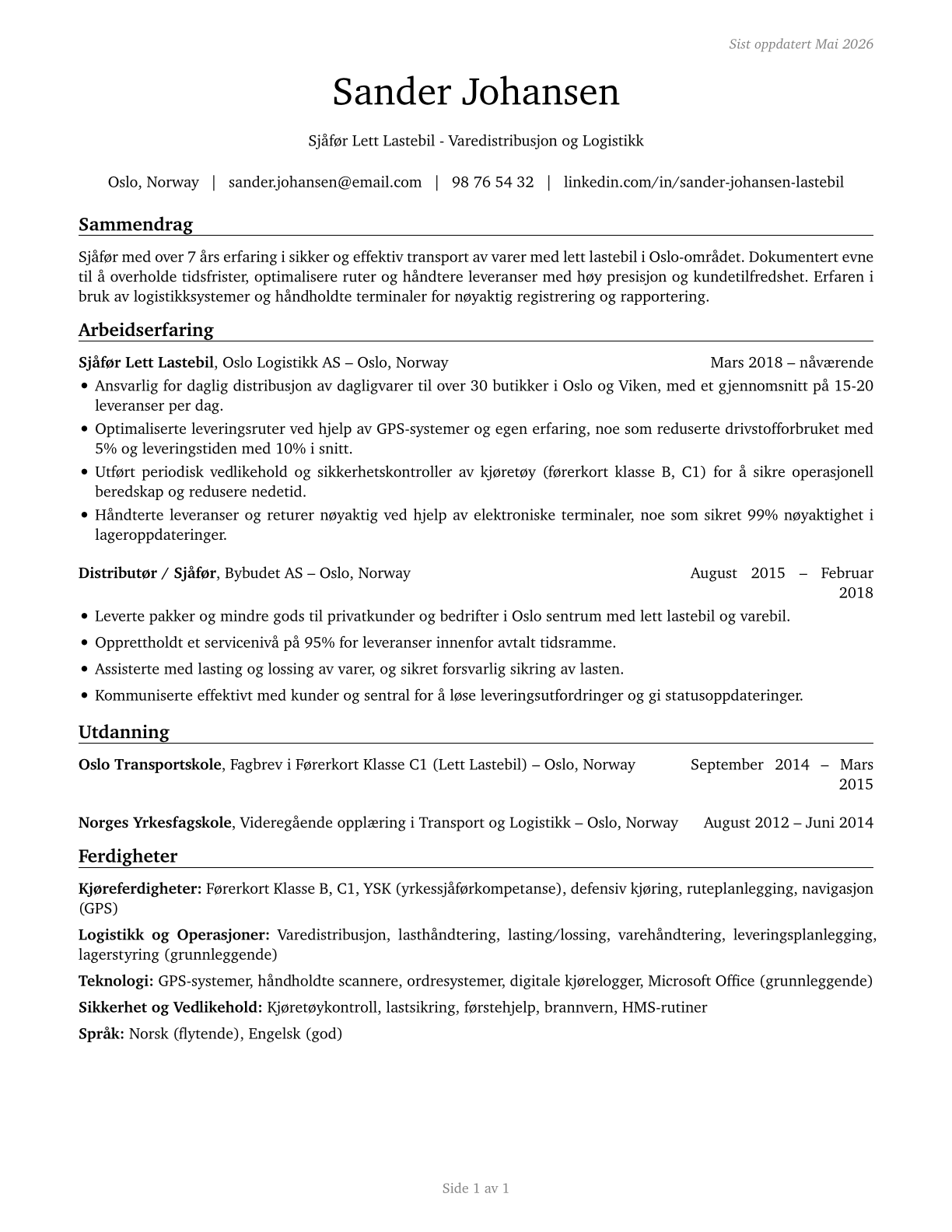 Light Truck Drivers CV in Norwegian_bokmal — page 1