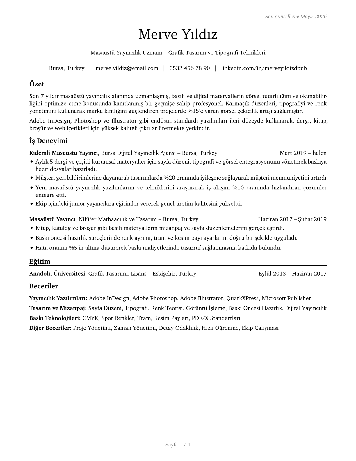 Desktop Publishers CV in Turkish — page 1