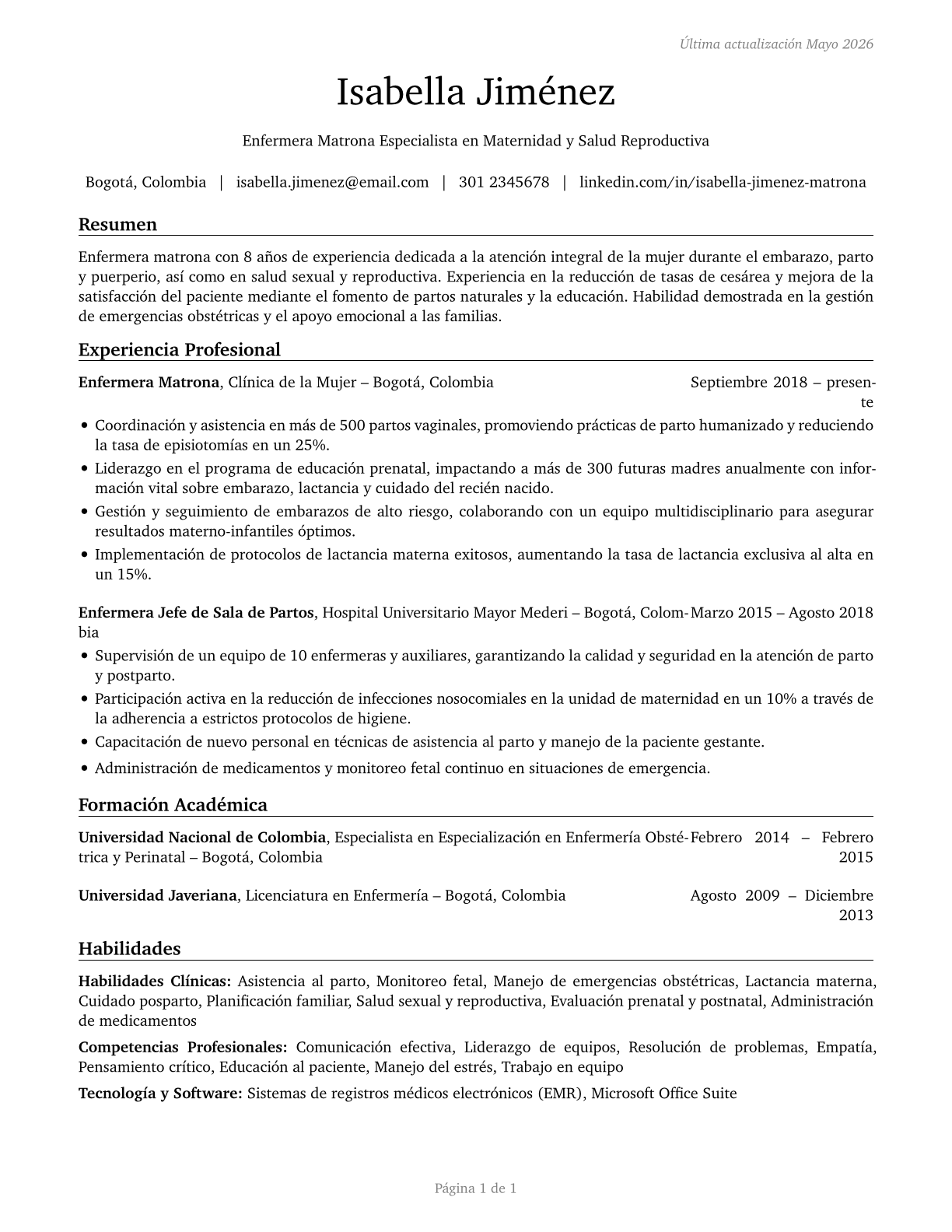 Nurse Midwives CV in Spanish — page 1
