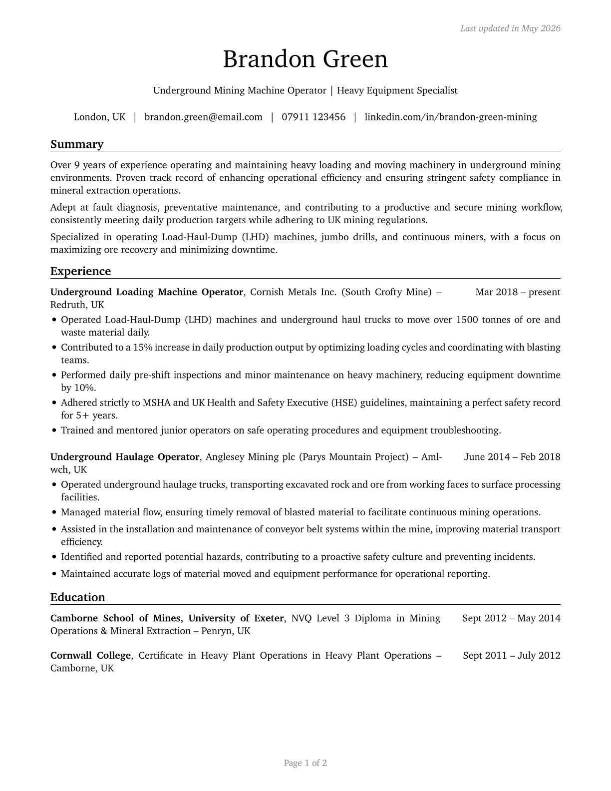 Loading and Moving Machine Operators, Underground Mining CV in English — page 1