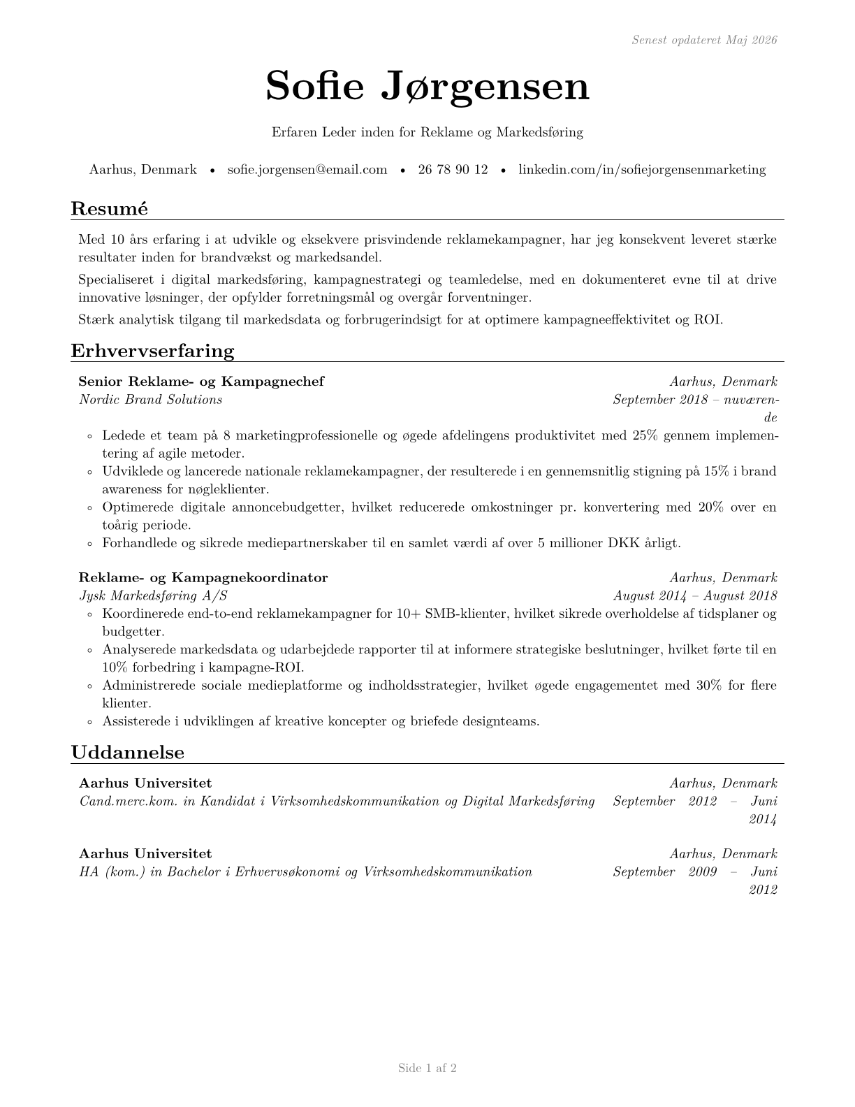 Advertising and Promotions Managers CV in Danish — page 1